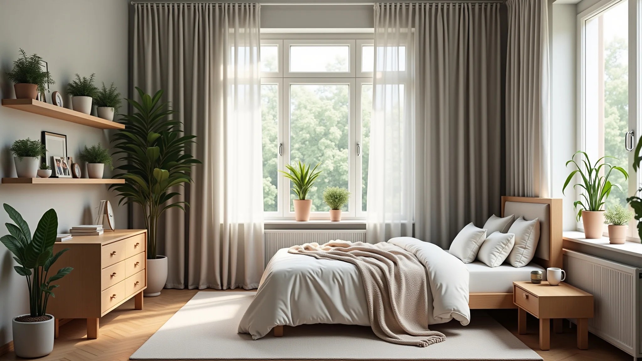 Quarto de casal pequeno com móveis multifuncionais e prateleiras com plantas, otimizando o espaço.