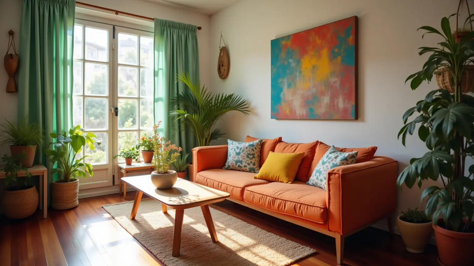 Sala de estar pequena decorada com estilo brasileiro, cores vibrantes e plantas.