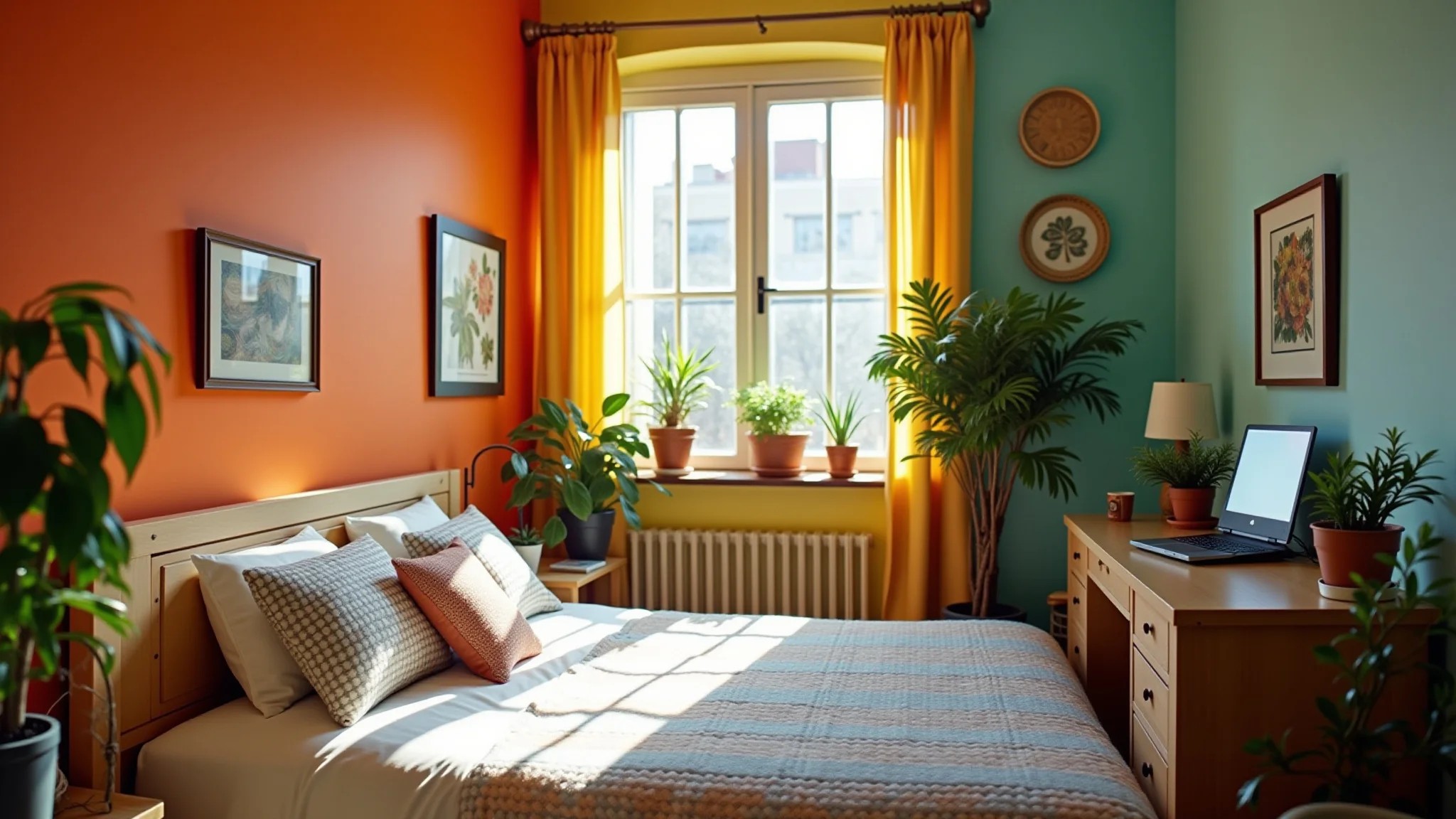 Quarto com escritório vibrante, design brasileiro, paredes coloridas, mesa com laptop e plantas.