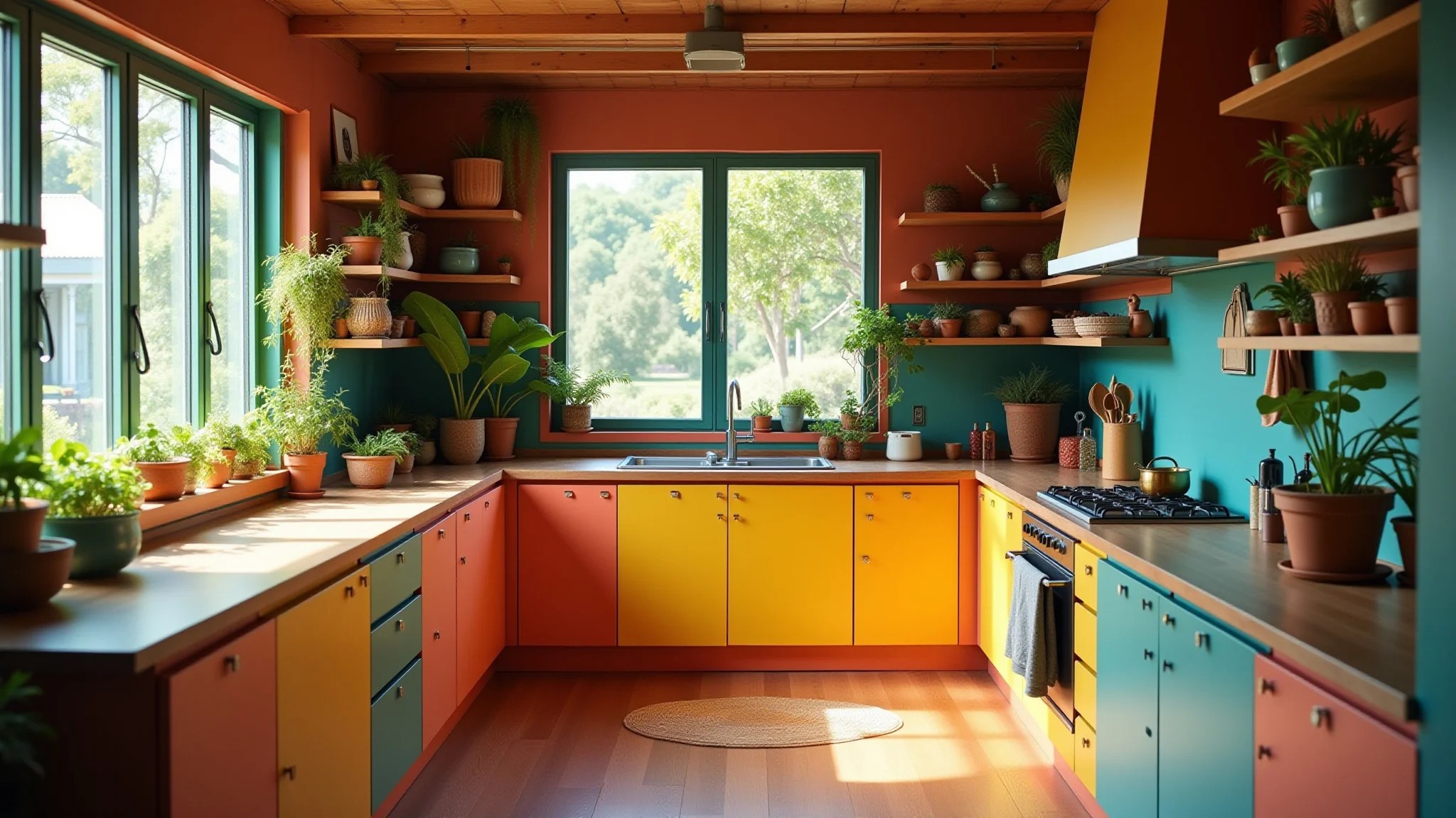 Cozinha brasileira vibrante com armários coloridos, iluminação natural e prateleiras abertas com cerâmica.