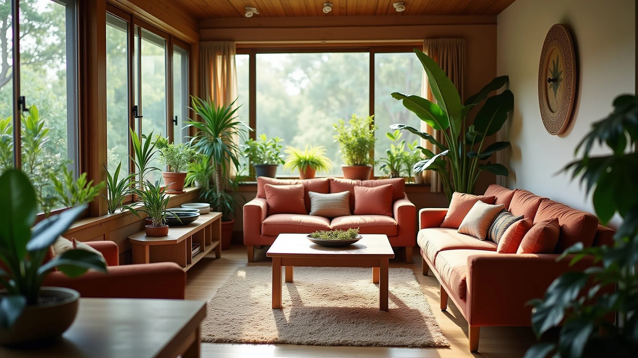 Sala de estar vibrante com muitas plantas, design brasileiro e luz natural.
