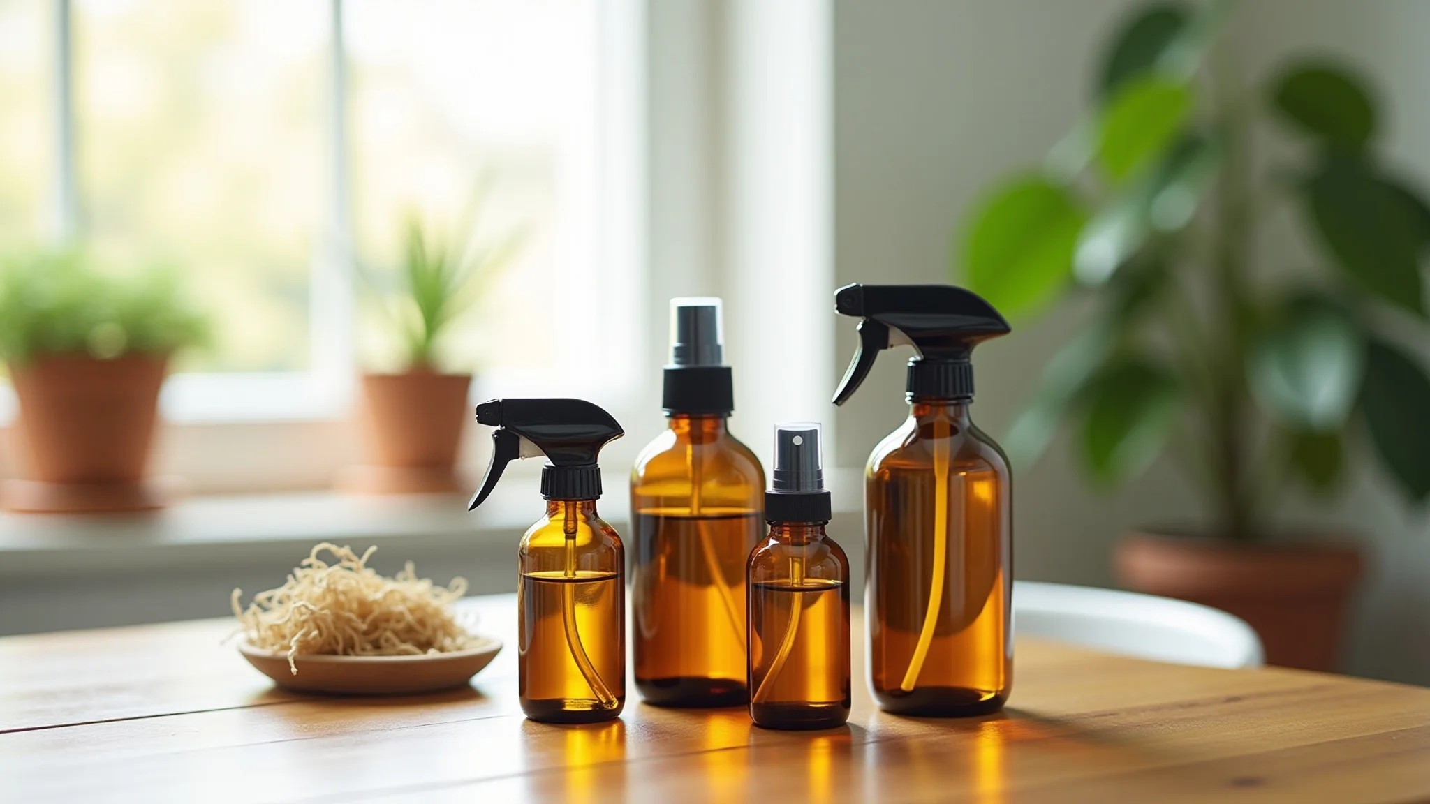 Ingredientes para aromatizador caseiro: óleos essenciais e frascos em mesa de madeira.