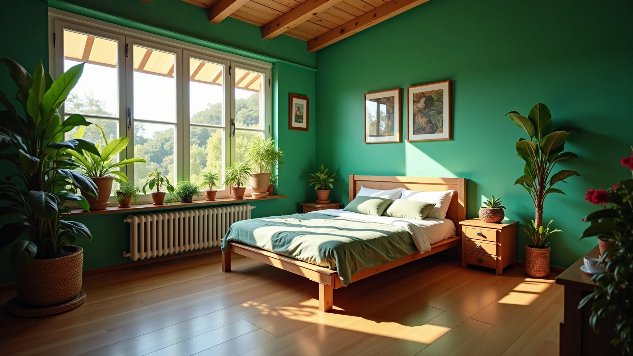 Quarto verde vibrante com luz natural, plantas e móveis de madeira em design brasileiro.