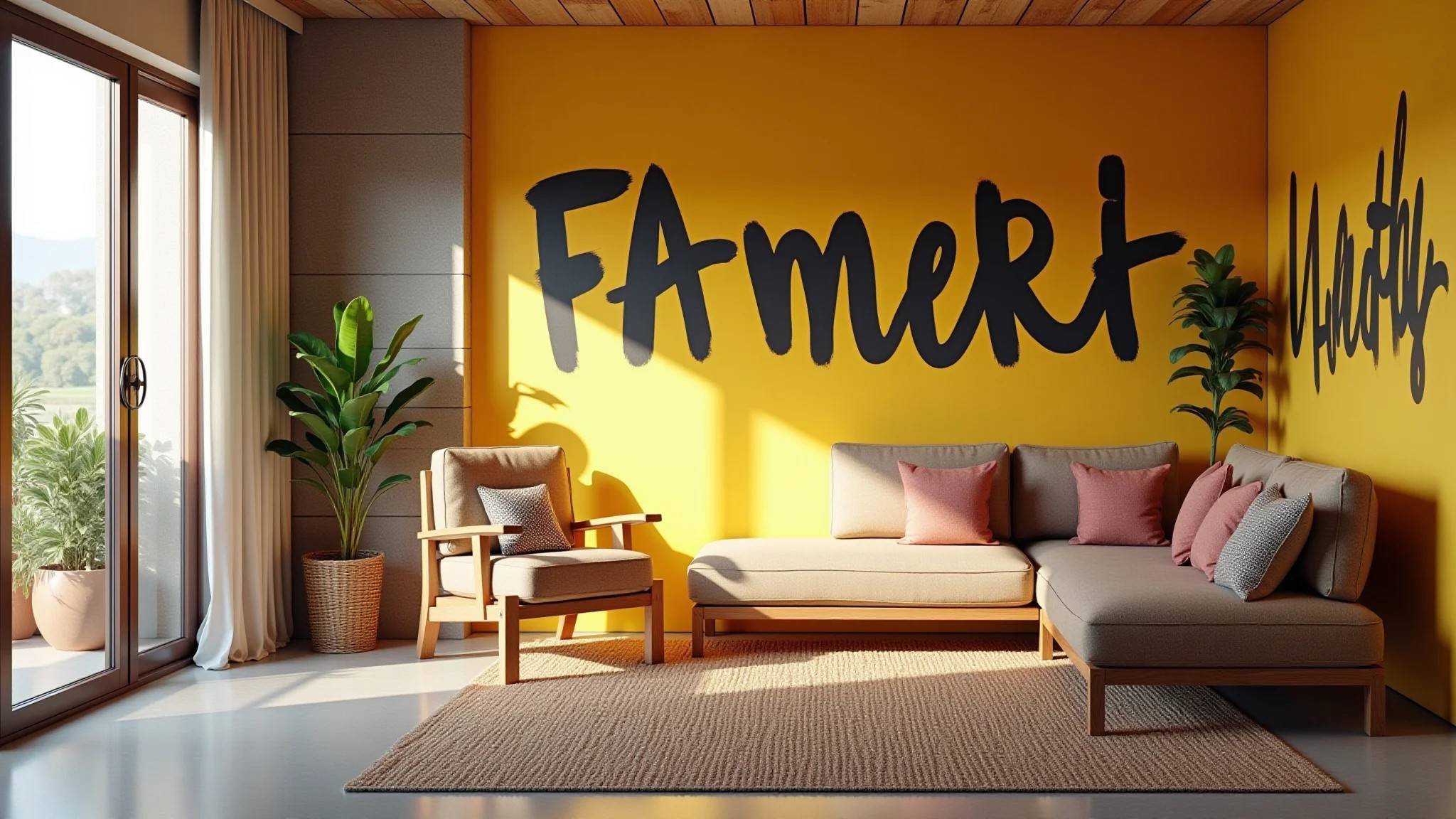 Sala de estar com parede decorada com lettering vibrante e estilo Farm Rio.
