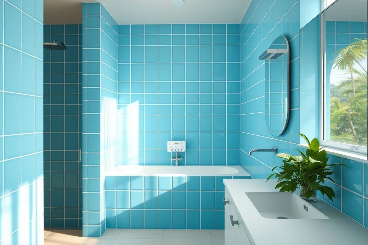Banheiro brasileiro renovado com azulejos azul claro e planta verde.