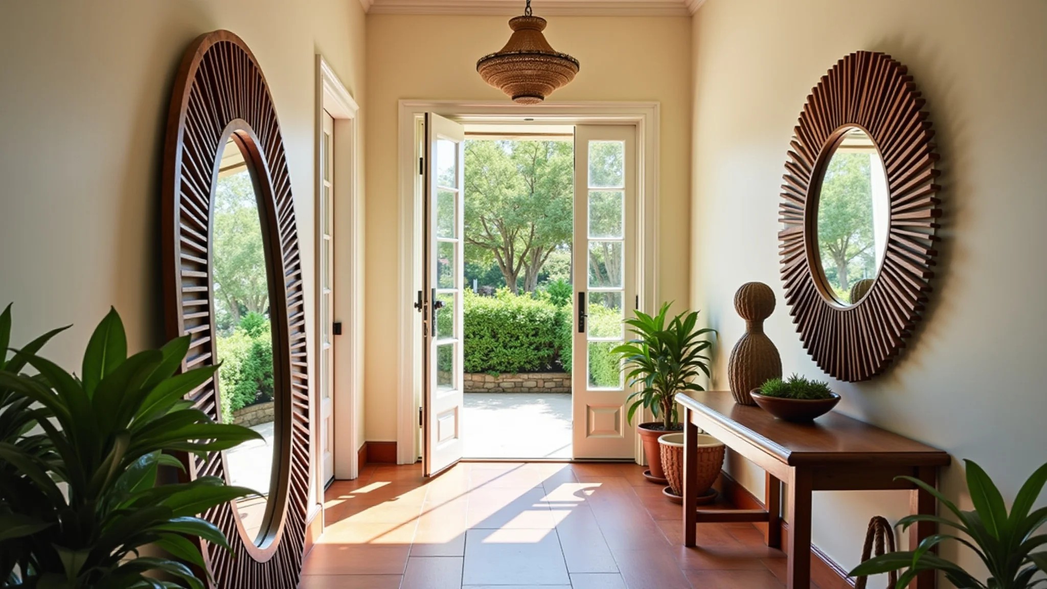 Hall de entrada brasileiro com espelho decorativo amplo, cores vibrantes e estilo Farm Rio.