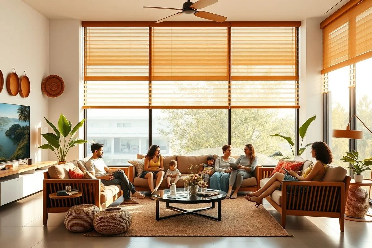 Sala de estar brasileira com persiana horizontal, luz suave e família relaxando.