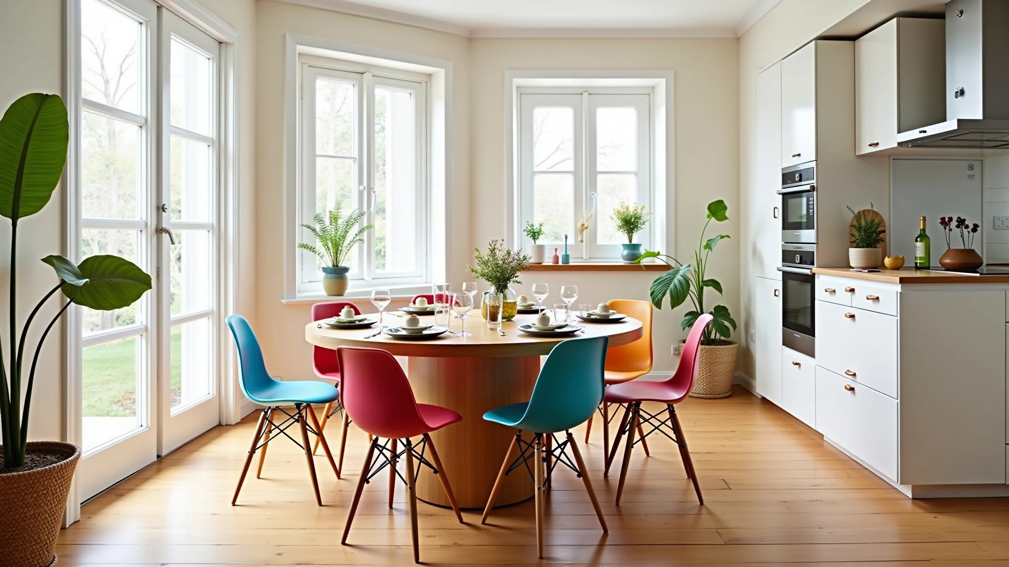 Mesa de jantar redonda em madeira com cadeiras coloridas, decoração brasileira vibrante.