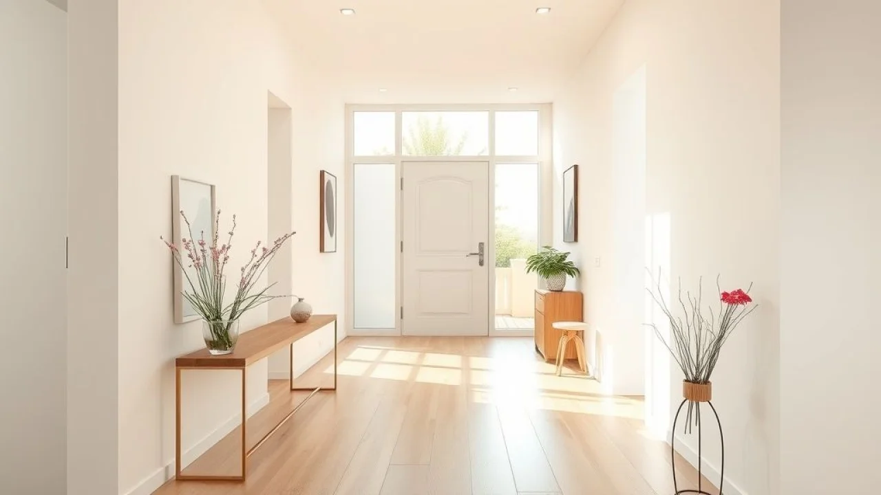 Corredor estreito decorado em estilo minimalista, com piso de madeira clara e paredes brancas.