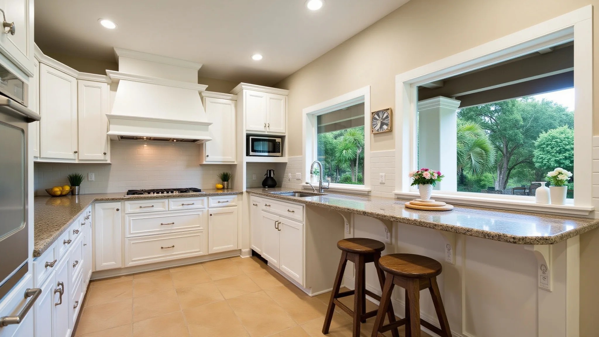 Cozinha renovada com armários e bancadas novas, estilo brasileiro vibrante e acolhedor.