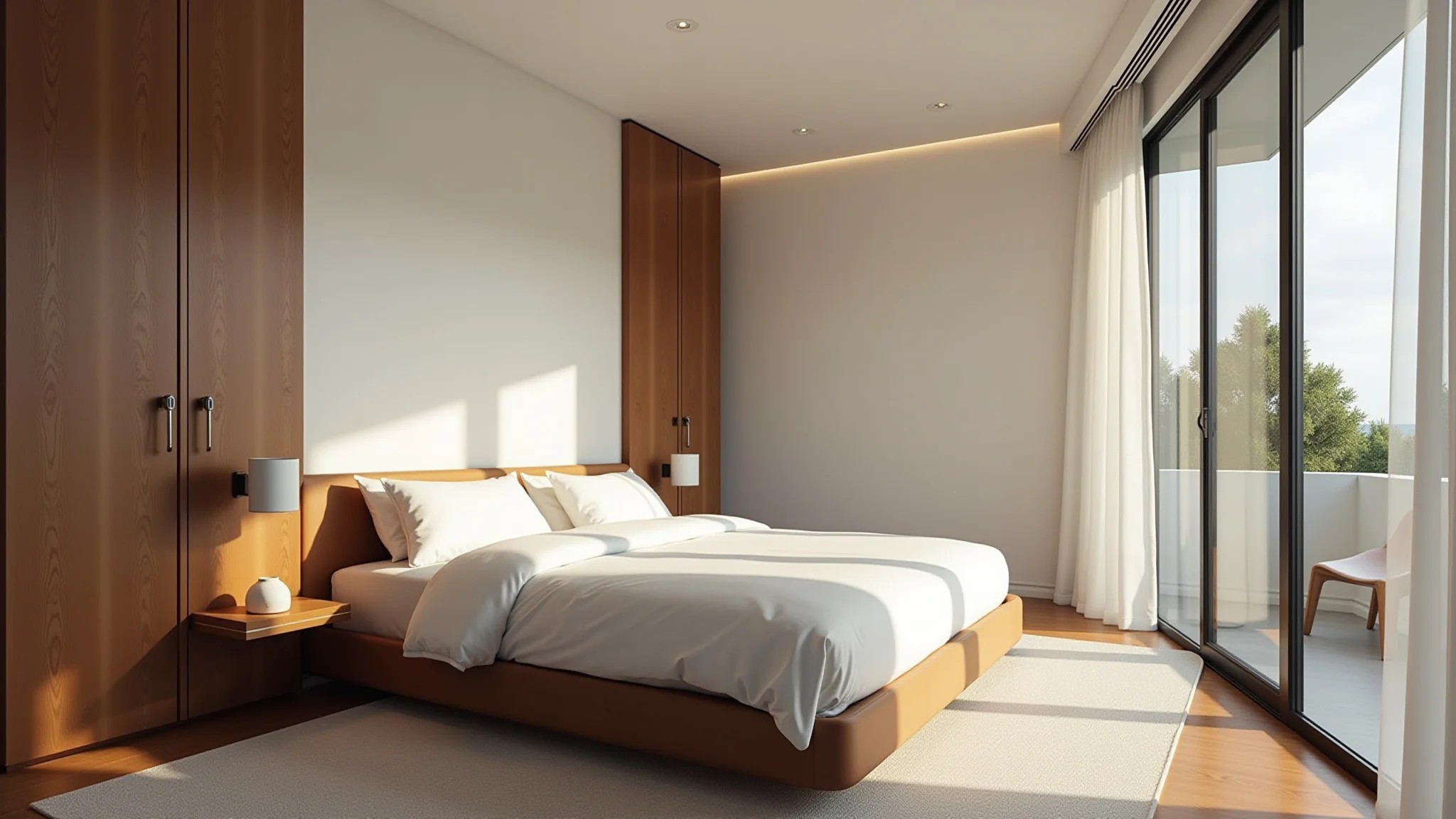 Quarto masculino minimalista com luz natural e detalhes em madeira.