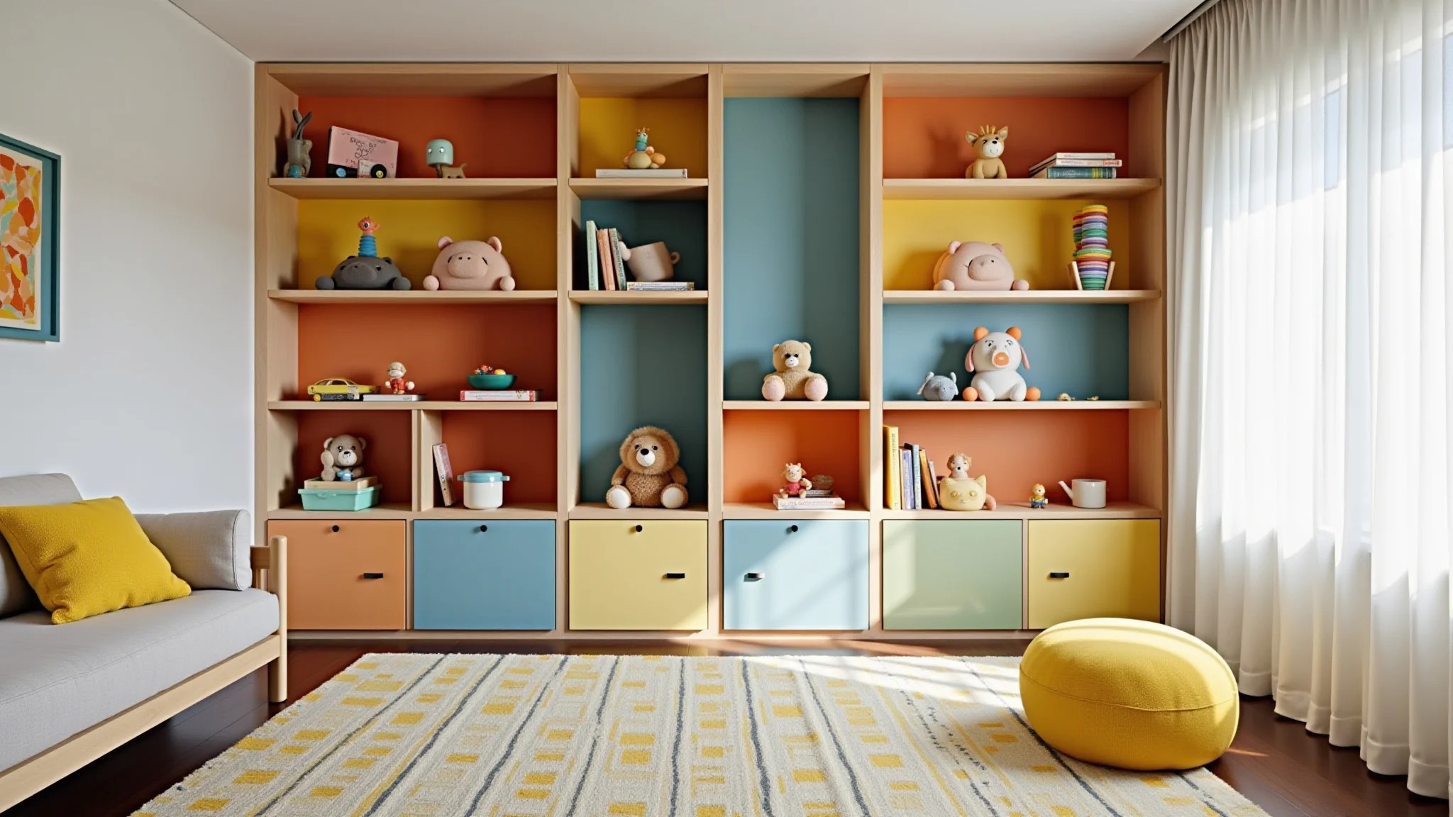 Quarto infantil com prateleiras nicho coloridas exibindo brinquedos e livros.