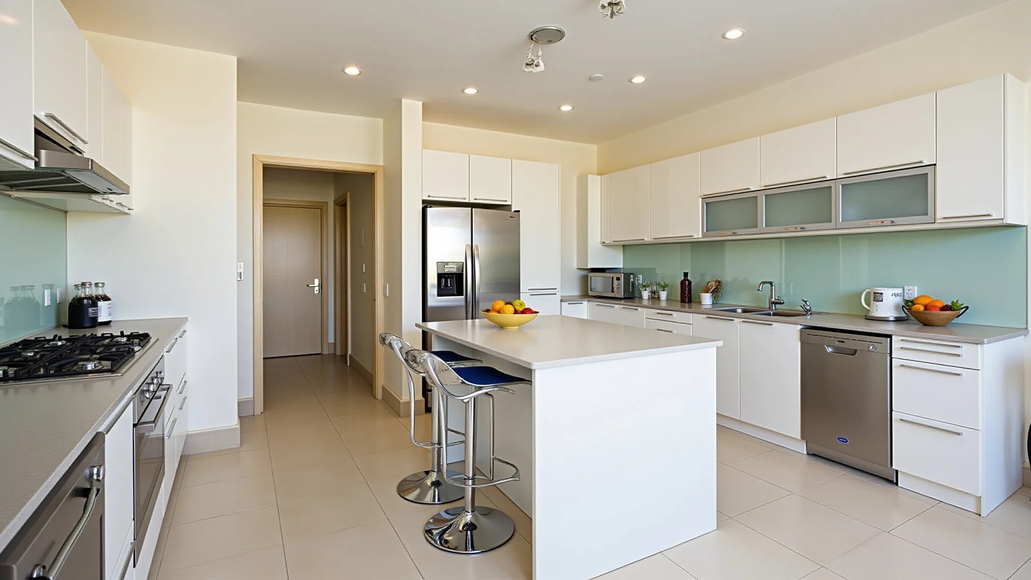 Cozinha e lavanderia integradas com o mesmo piso de porcelanato, design brasileiro e iluminação natural.