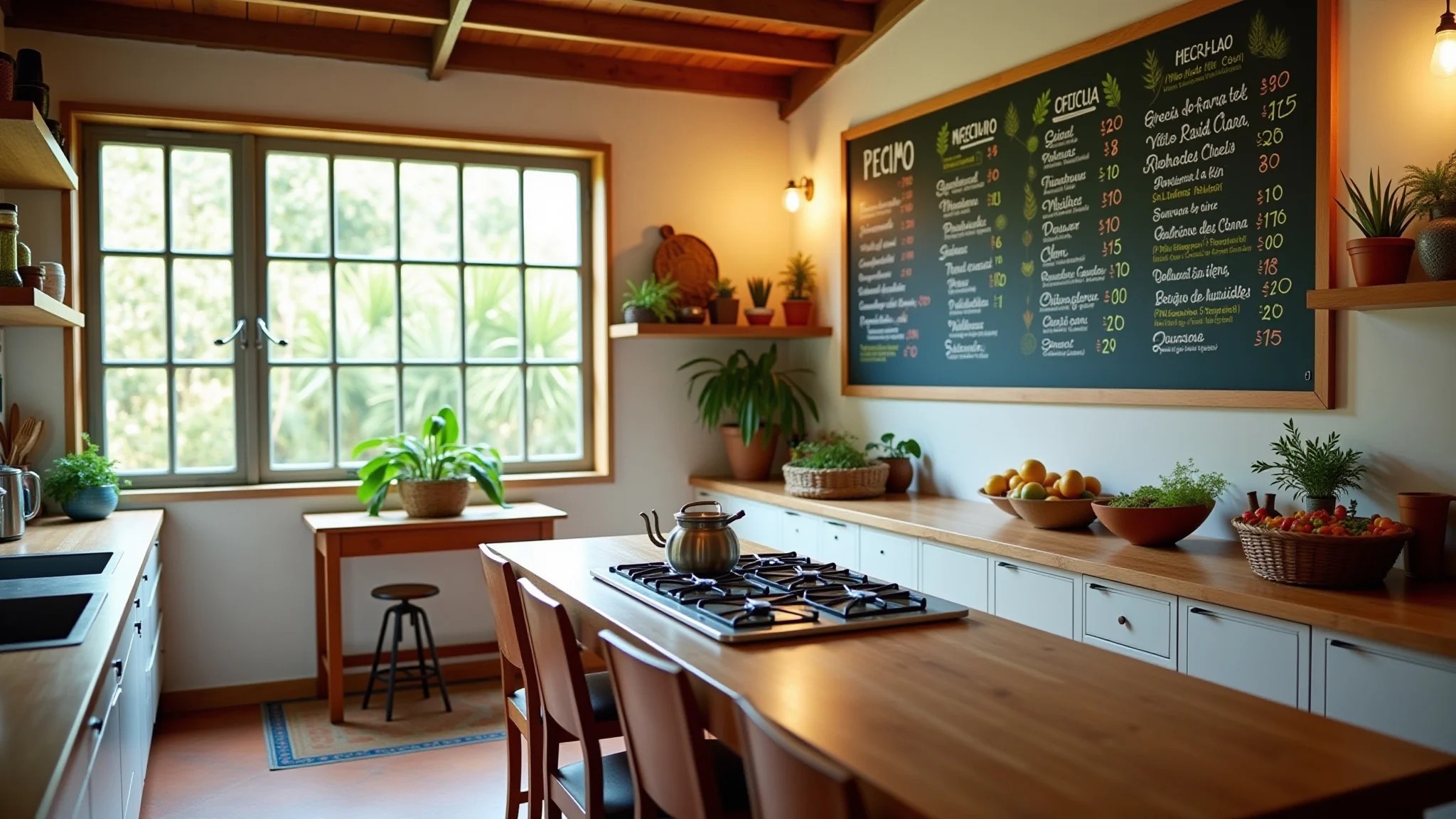 Cozinha iluminada com parede de lousa e cardápio colorido em estilo brasileiro.