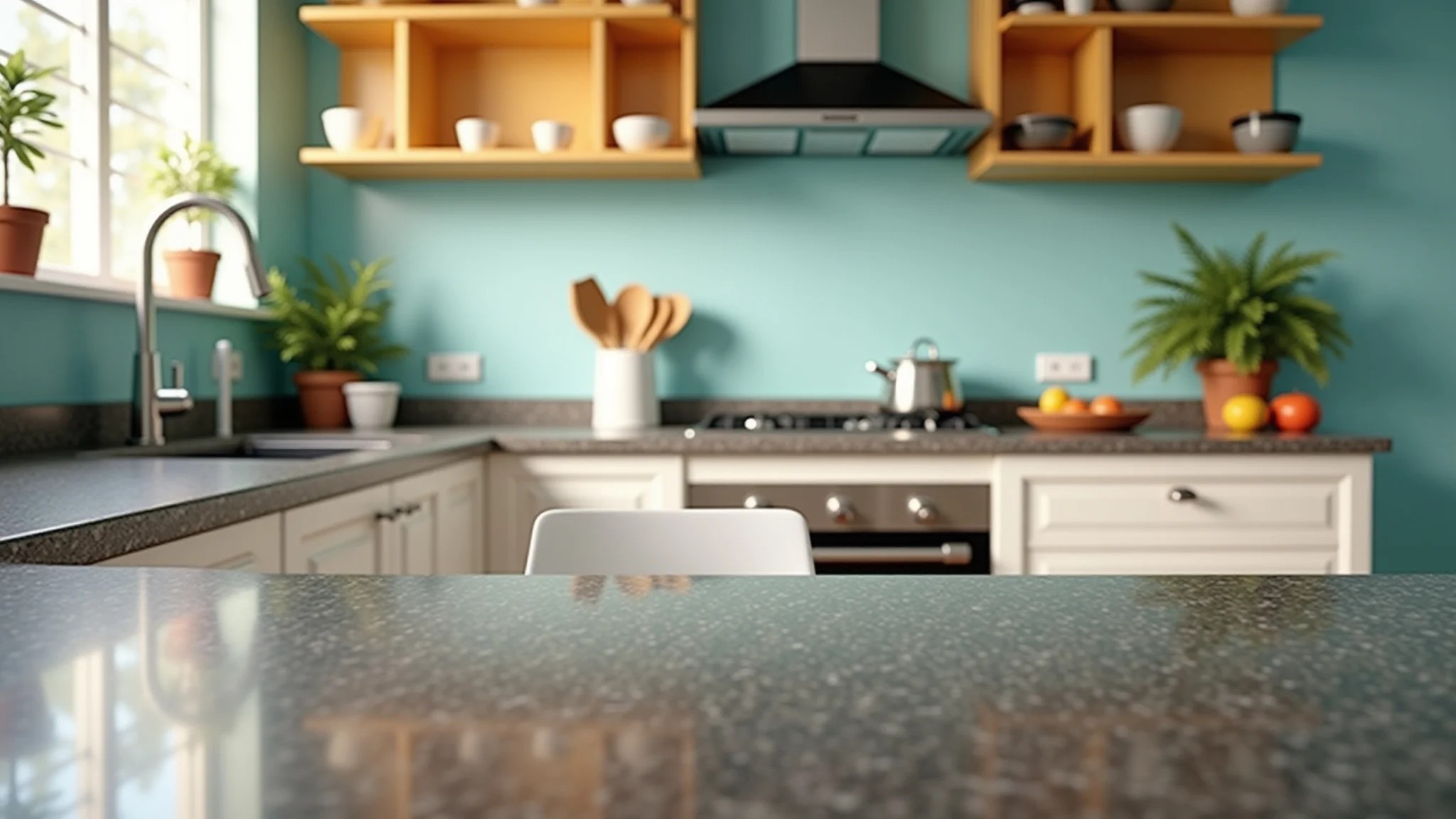 Cozinha iluminada com bancada de granito acessível, decoração brasileira e utensílios.