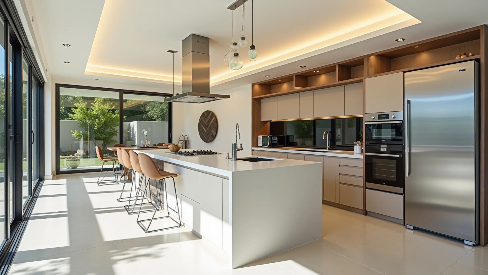 Cozinha moderna com teto de gesso e iluminação embutida, design brasileiro.
