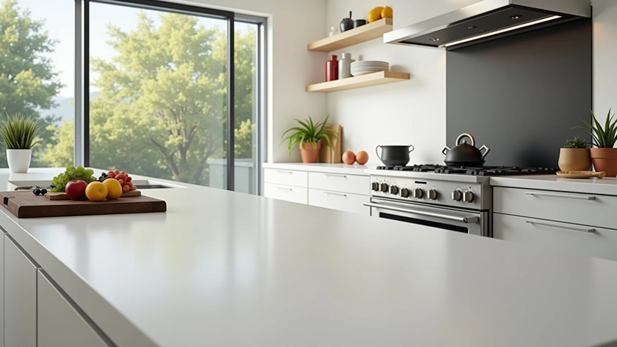 Cozinha moderna com bancada de porcelanato clara, iluminação natural e design brasileiro.