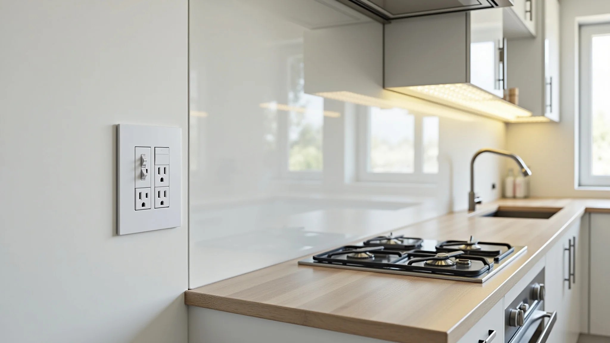 Cozinha moderna com tomadas e interruptores bem posicionados, design brasileiro.