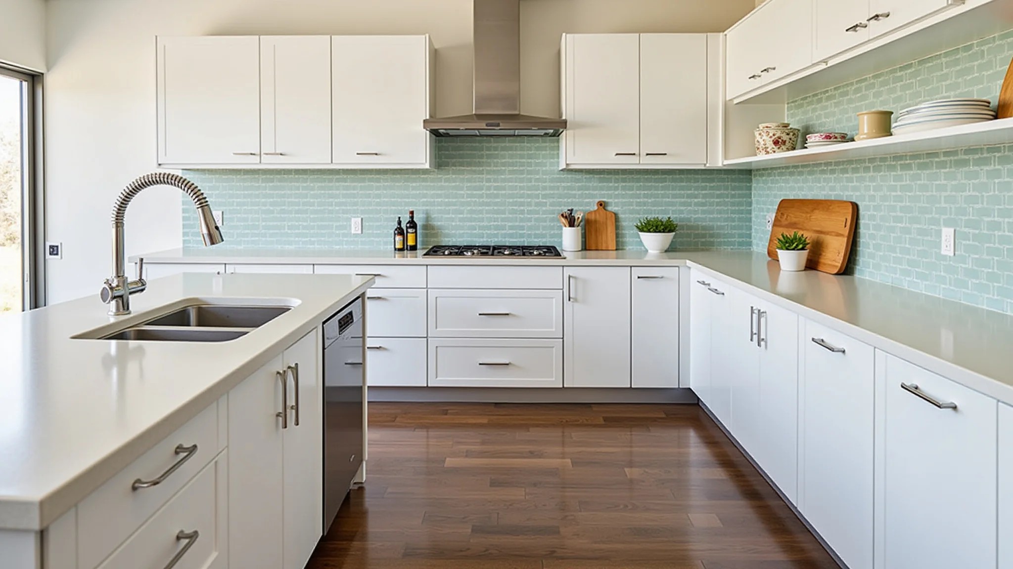 Cozinha renovada com baixo custo, armários repintados e azulejos adesivos.