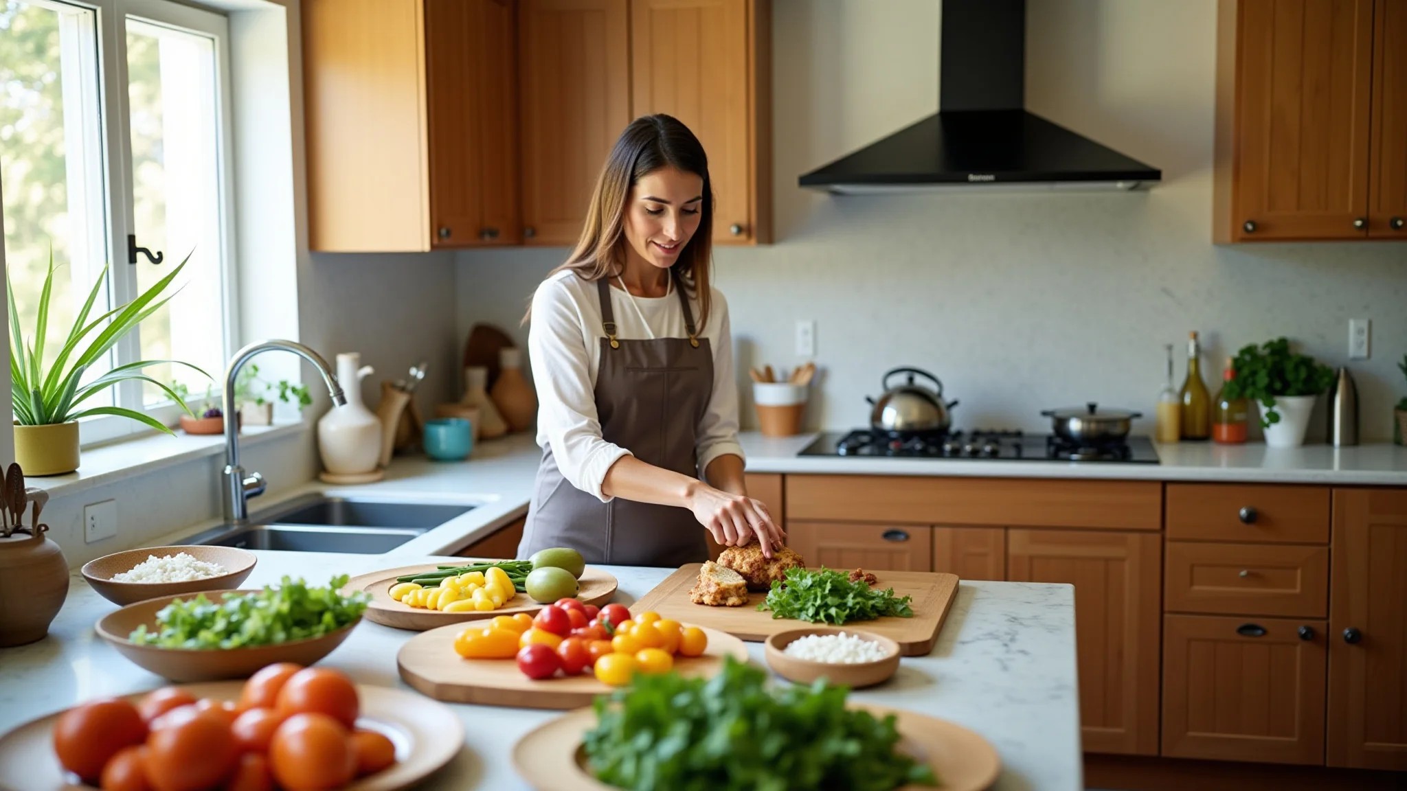 Cozinha moderna com triângulo de trabalho otimizado e mulher cozinhando.