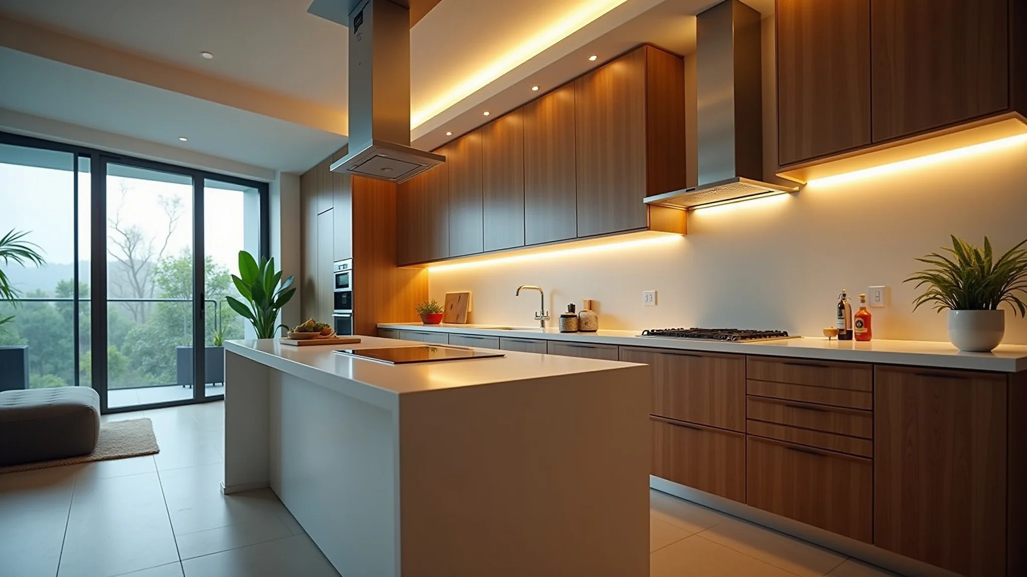 Cozinha moderna com iluminação LED, design brasileiro, foco em eficiência energética.