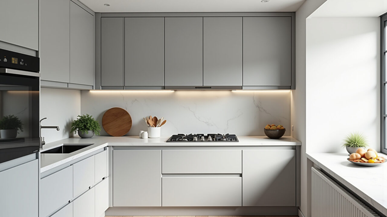 Armários cinza claro em cozinha minimalista e iluminada.
