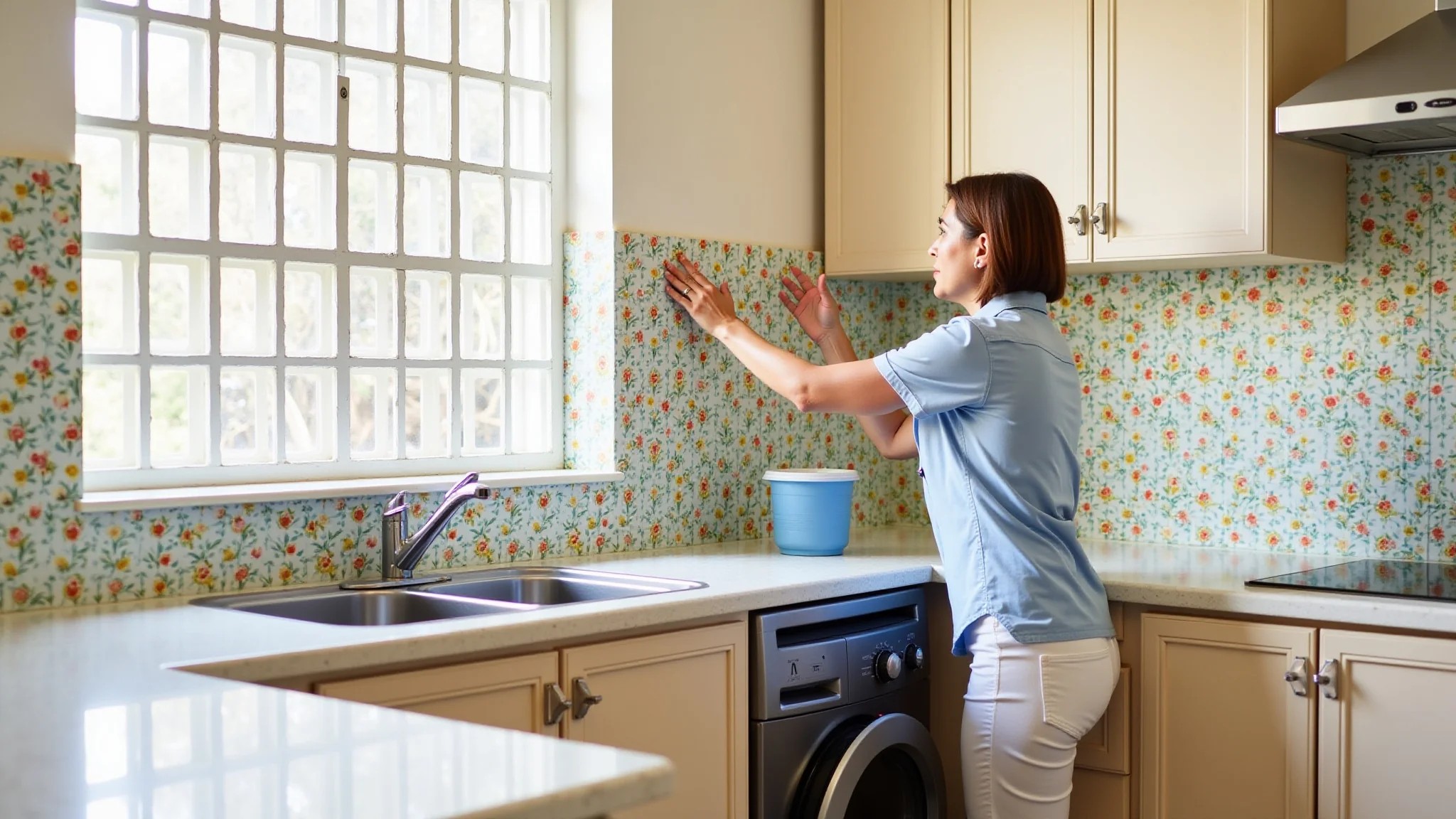 Cozinha renovada com adesivos florais coloridos. Mulher aplicando adesivo em azulejo antigo.
