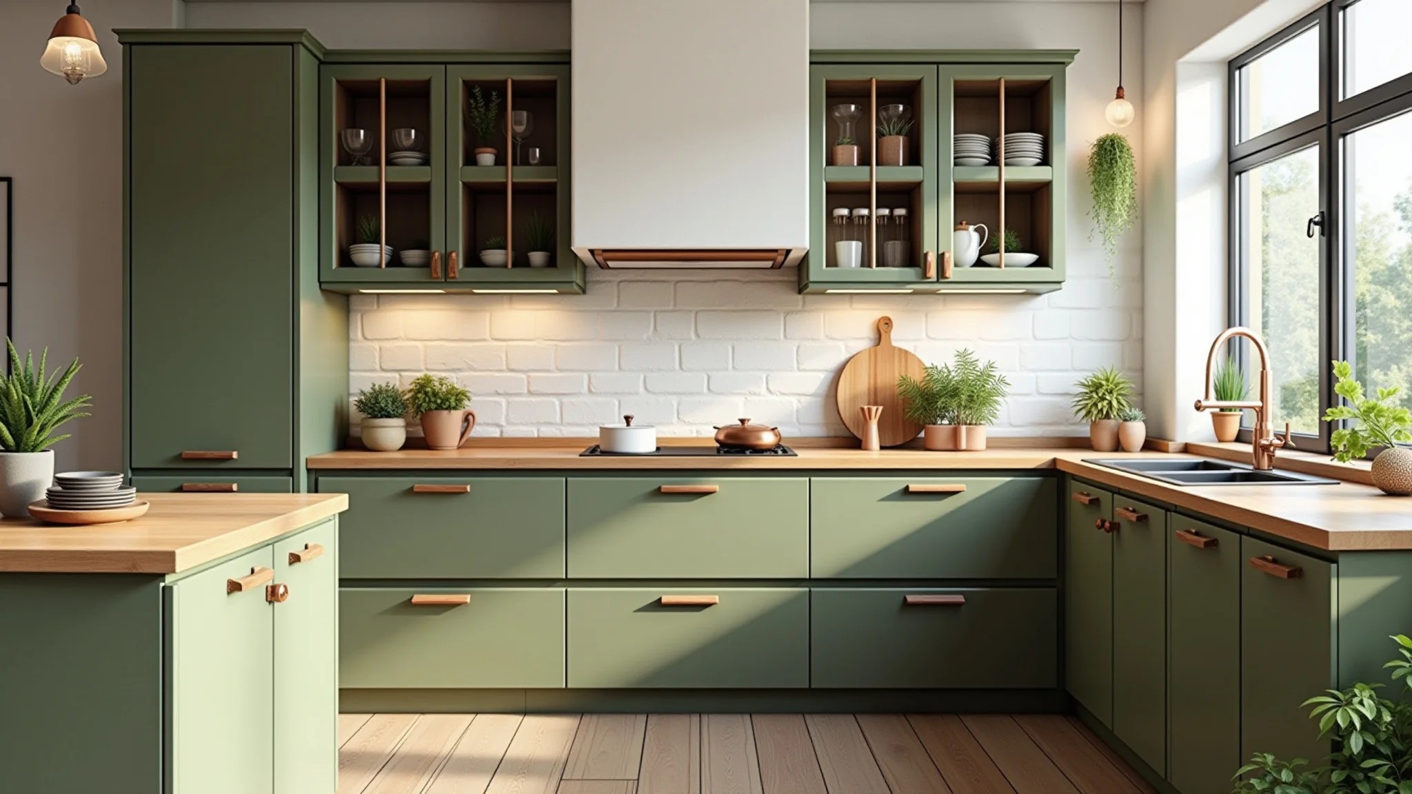 Cozinha verde com armários verde oliva, bancada de madeira e detalhes em cobre.