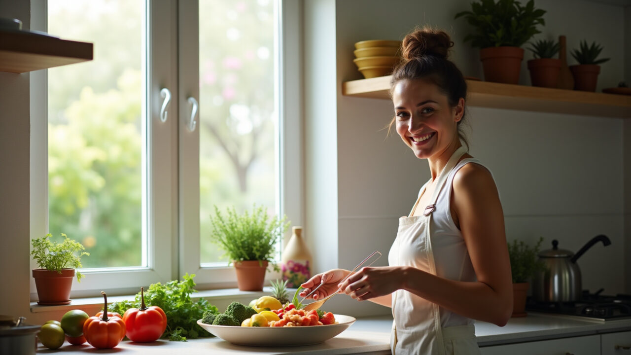 Cozinha arejada com janela aberta, mulher sorrindo enquanto cozinha.
