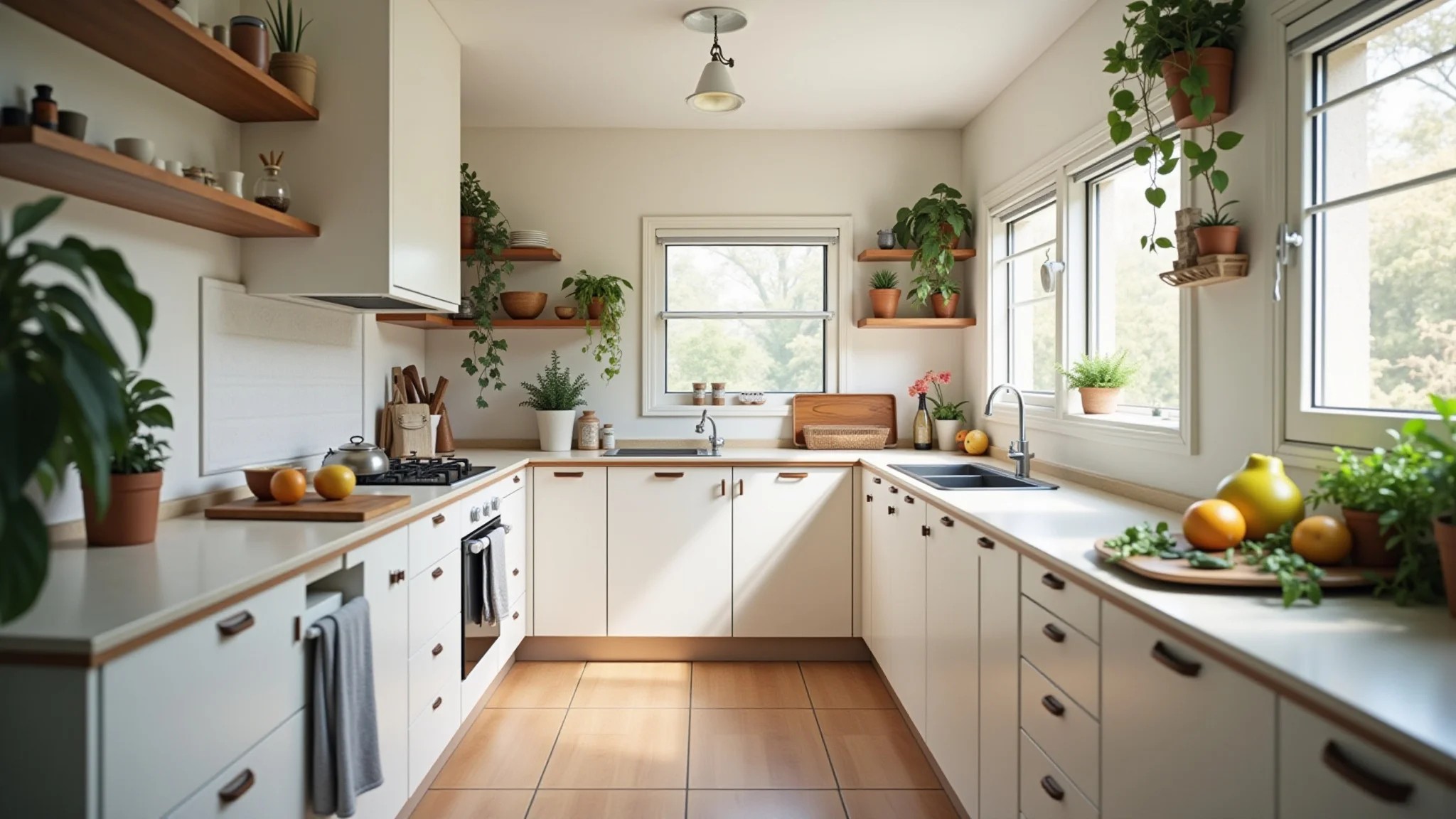 Cozinha simples e barata com decoração reaproveitada e luz natural.