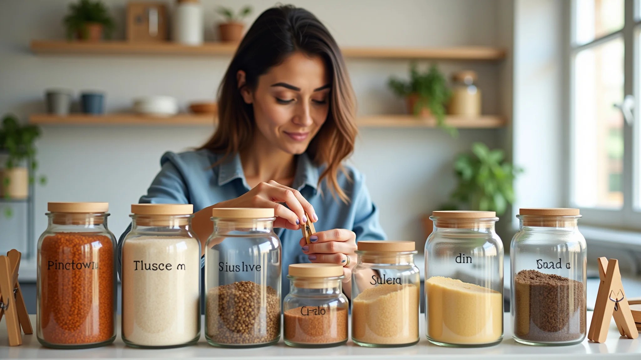 Organização de temperos com etiquetas e prendedores em cozinha iluminada.