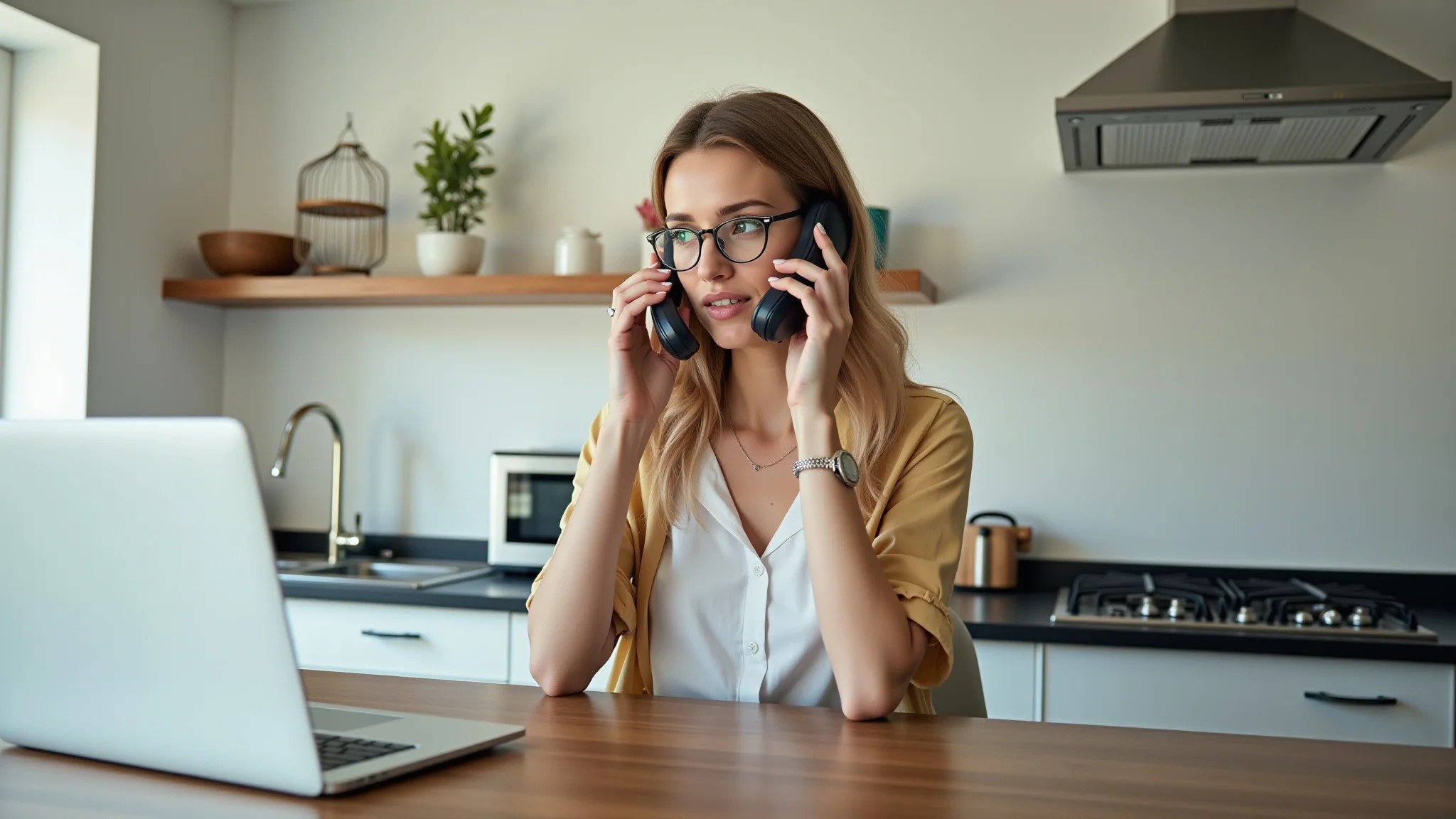 Mulher ao telefone com a prefeitura sobre a regularização da cozinha.