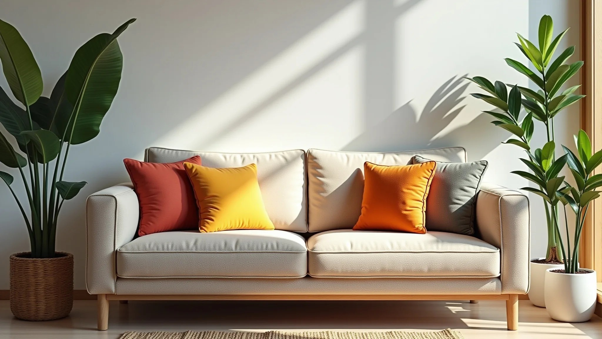 Sala de estar iluminada com sofá bege, almofadas coloridas e design brasileiro.