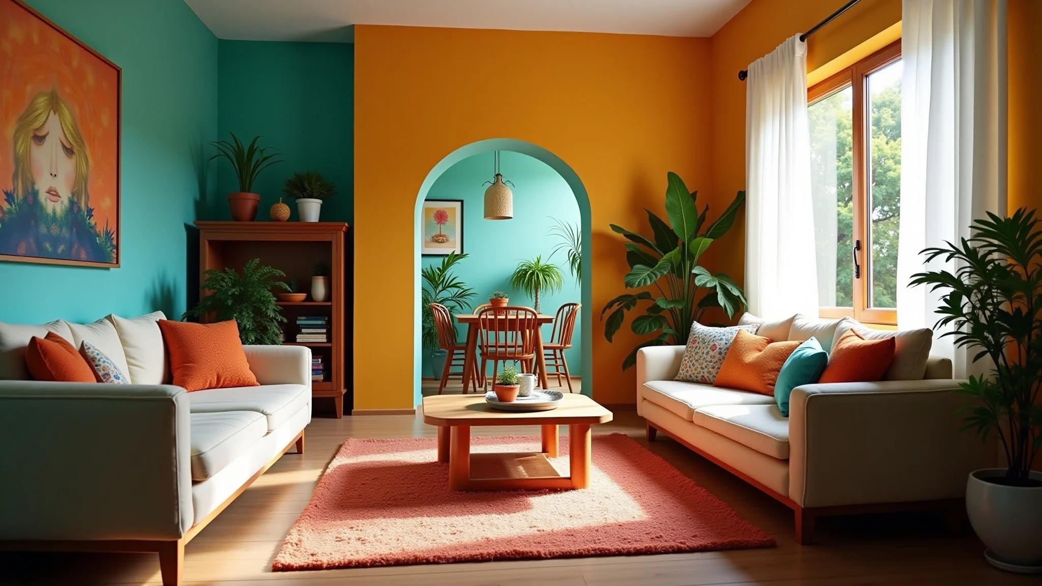 Sala de estar vibrante com decoração brasileira colorida e aconchegante.