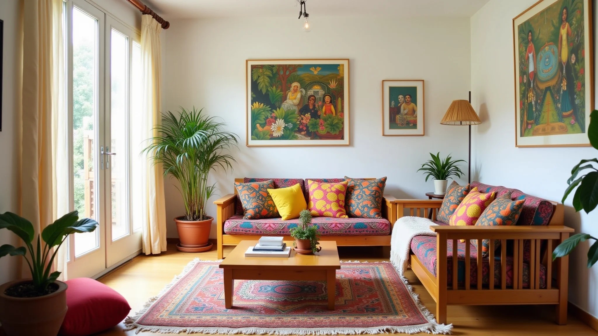 Sala de estar luminosa com almofadas coloridas, móveis de madeira e plantas.