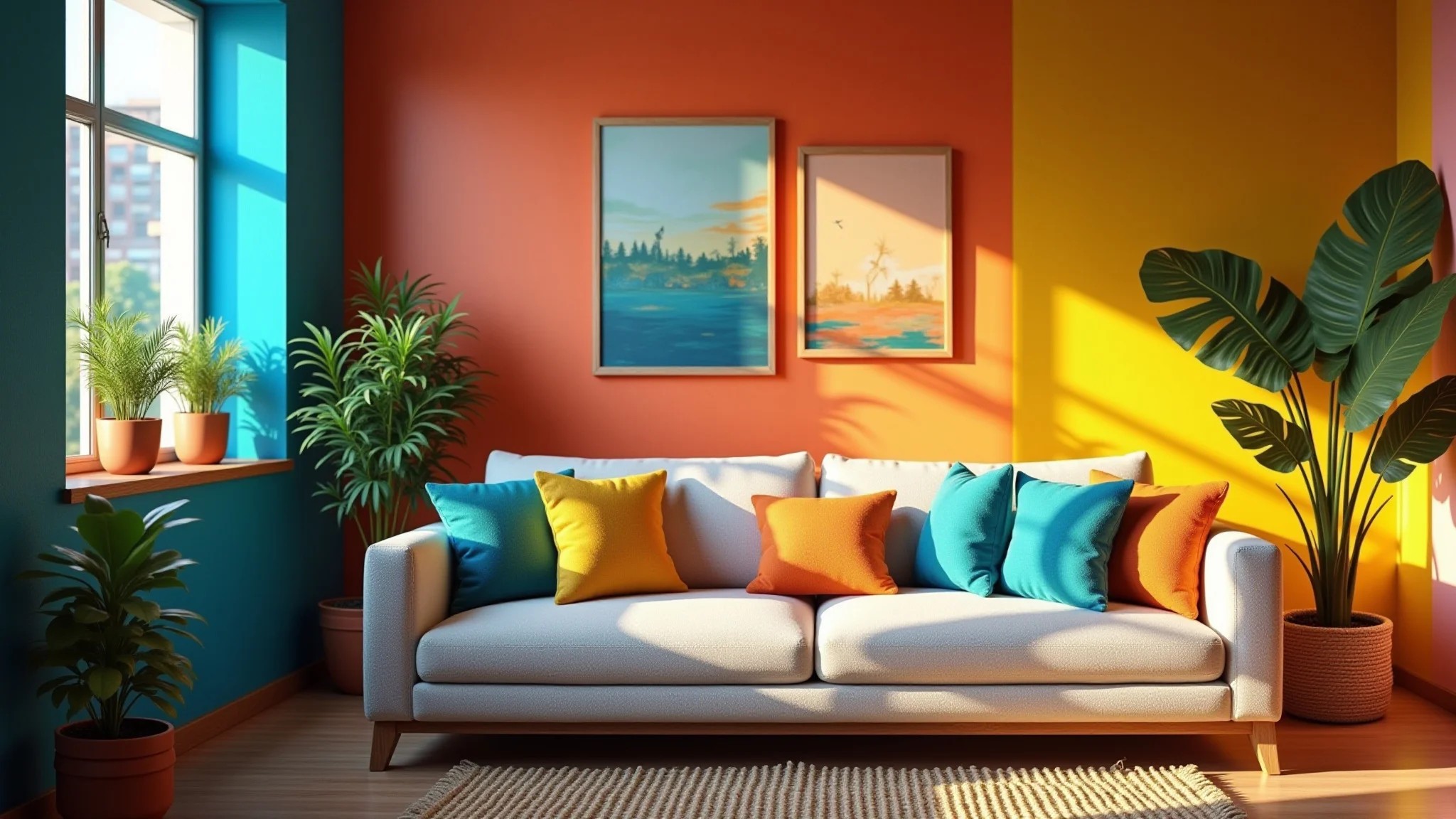 Sala de estar vibrante com paleta de cores diversas, estilo brasileiro e iluminação natural.