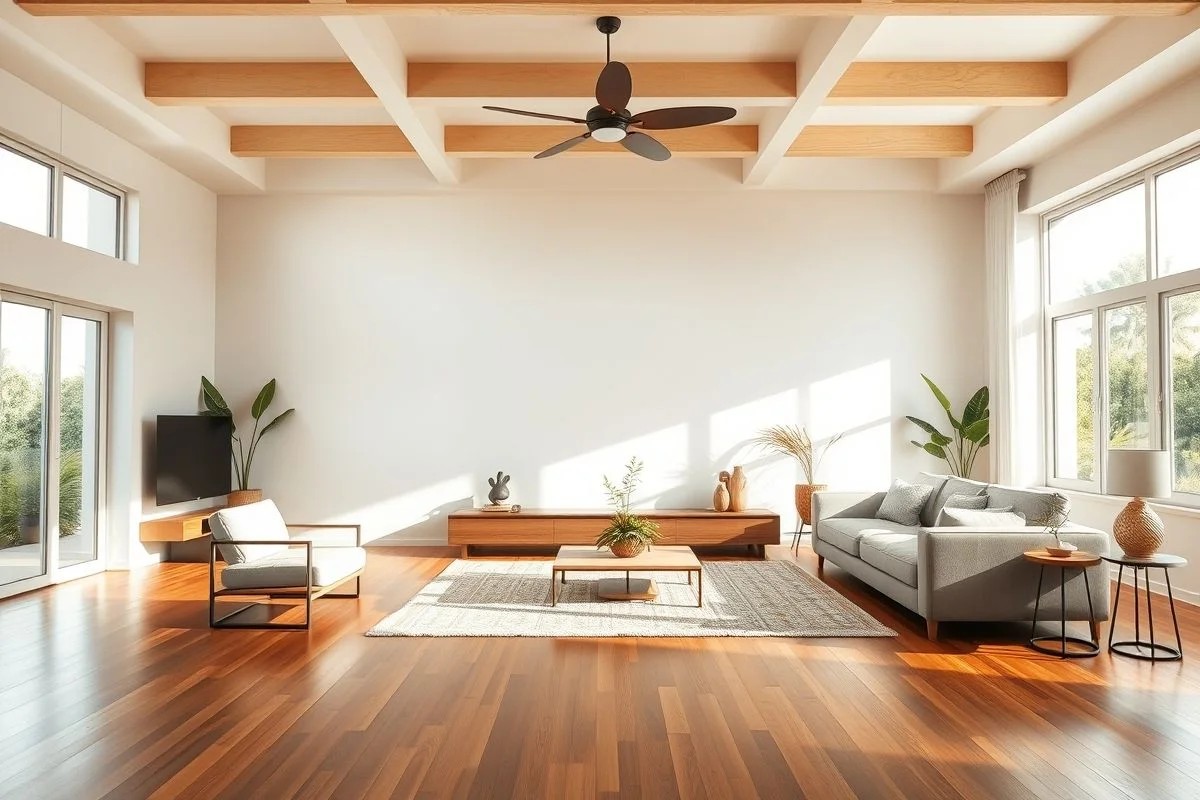 Sala de estar clean com parede vazia, pronta para decoração criativa sem quadros.