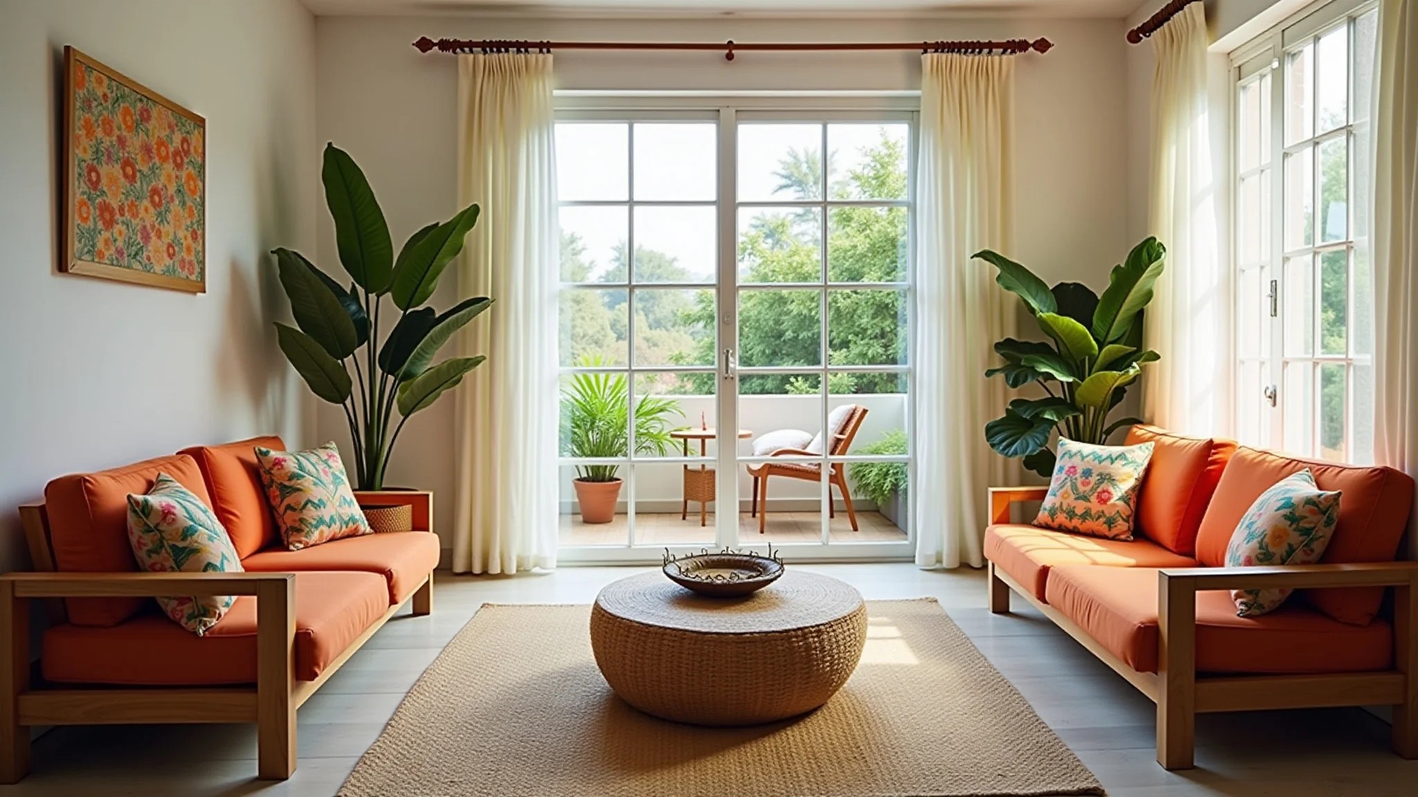 Sala de estar simples e alegre com almofadas coloridas, móveis de madeira e plantas.