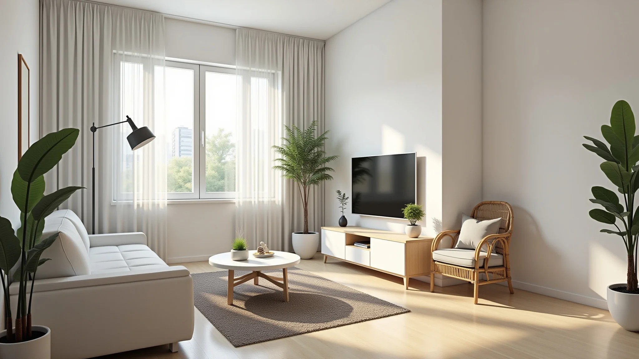 Sala de estar clean com cores neutras, iluminação natural e decoração minimalista.
