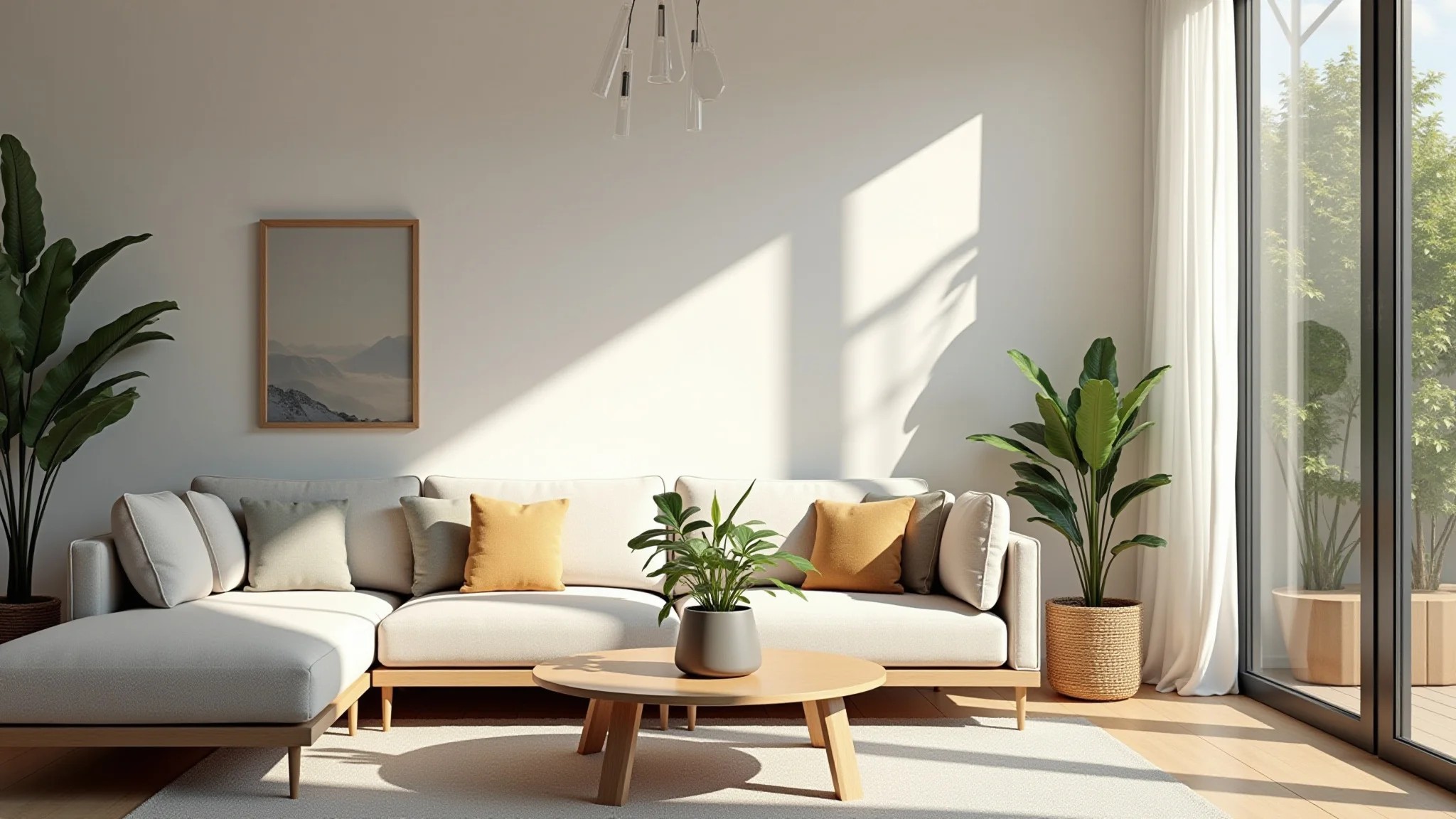 Sala de estar clean e aconchegante com decoração minimalista e plantas.