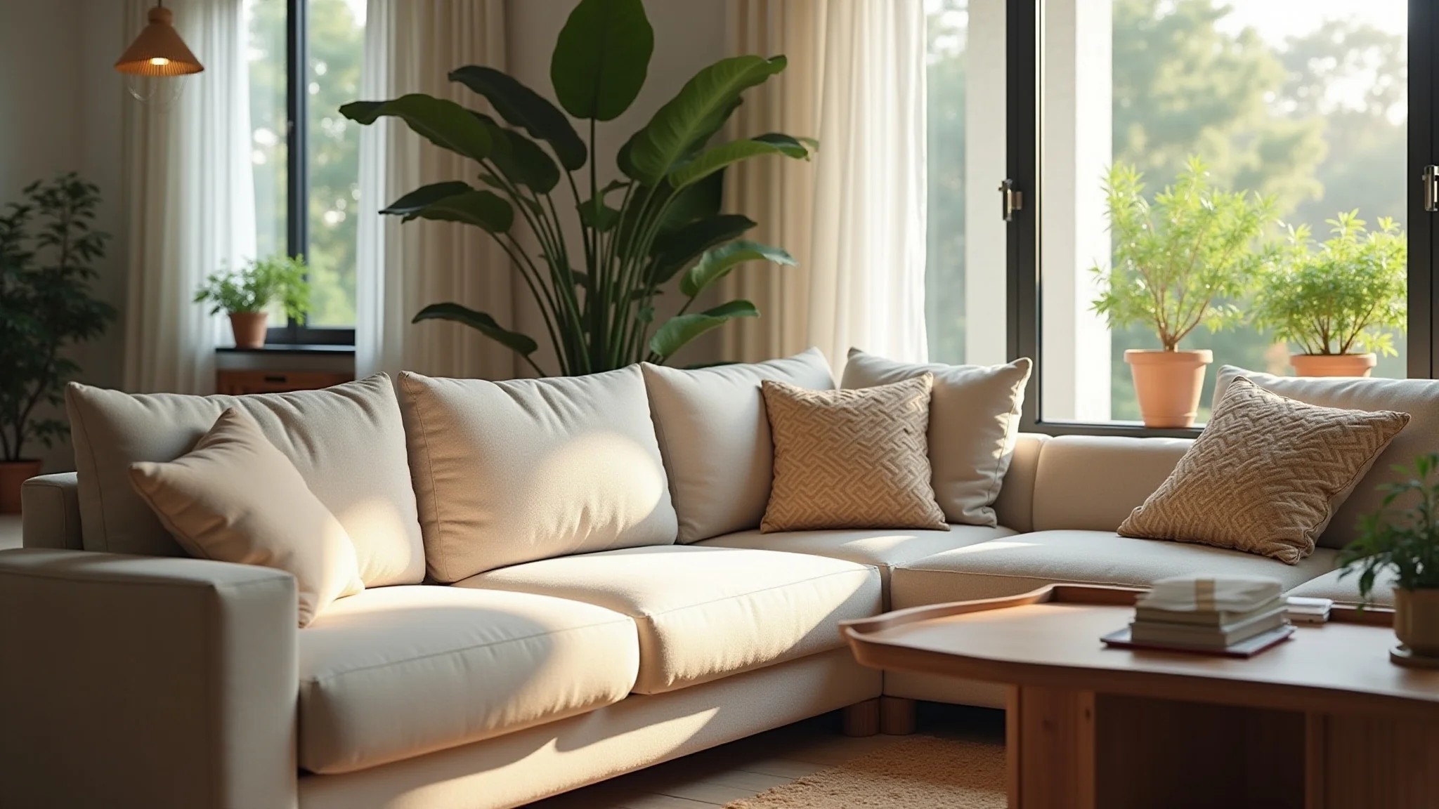 Sofá confortável em sala de estar iluminada, design brasileiro e plantas.