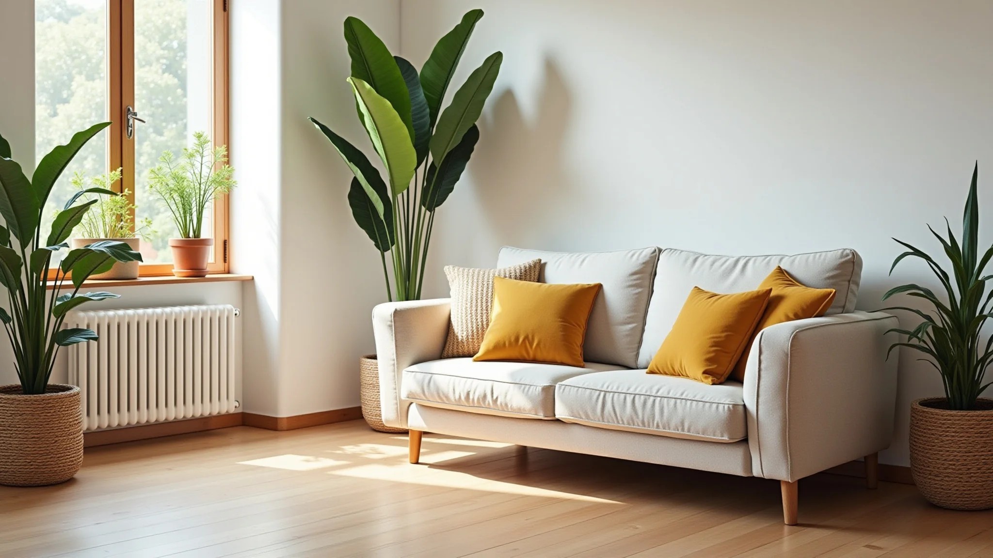Sala pequena com sofá de dois lugares, cores claras, decoração brasileira e iluminação natural.