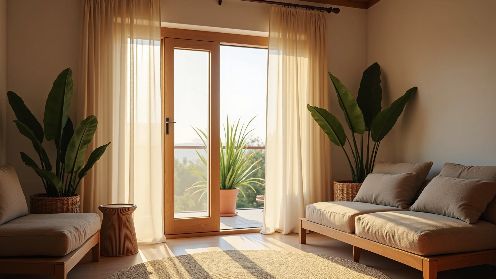 Sala iluminada com porta de vidro e cortina de linho, decoração brasileira vibrante.