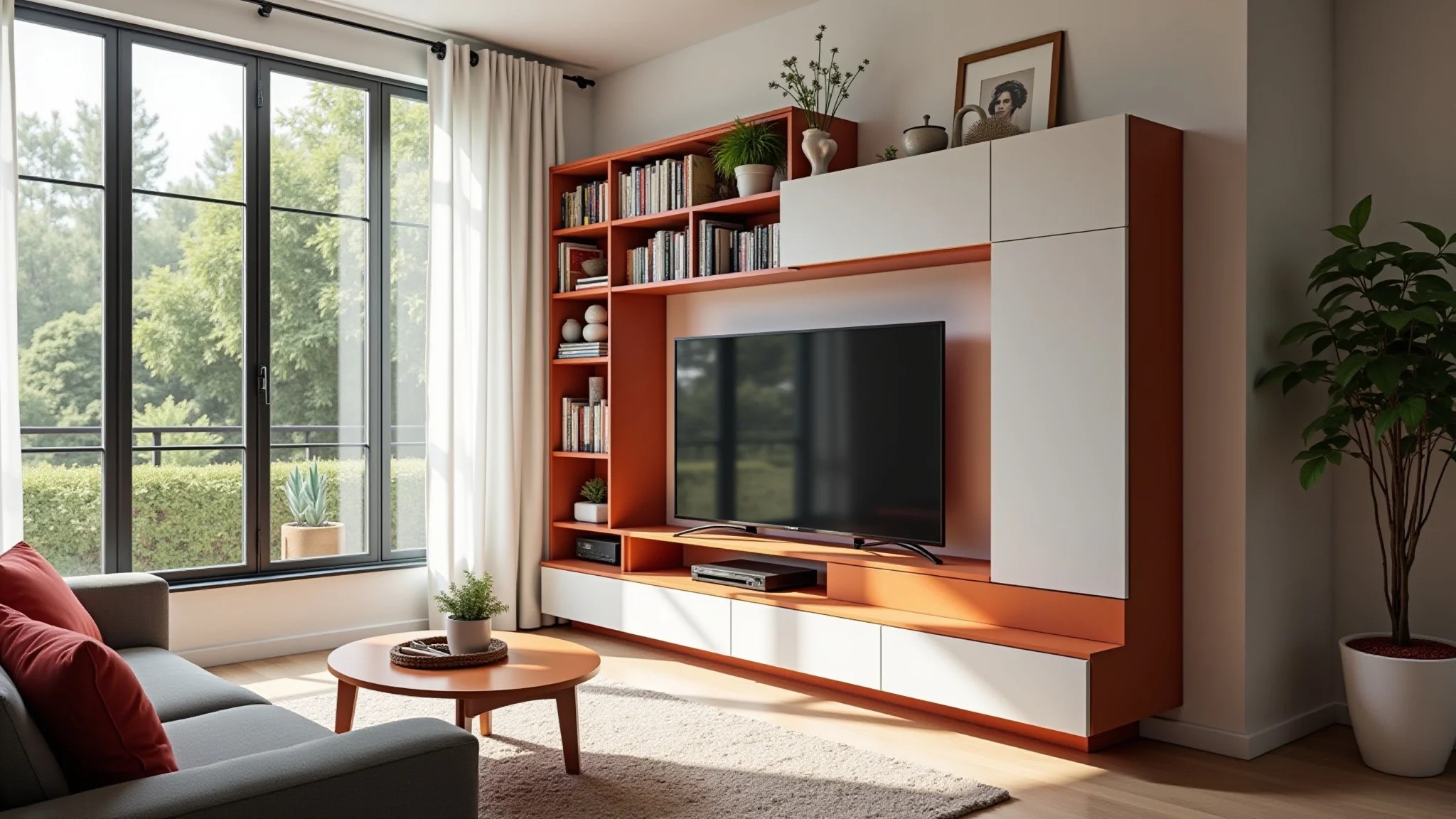 Painel de TV moderno em sala pequena com decoração brasileira colorida e iluminação natural.