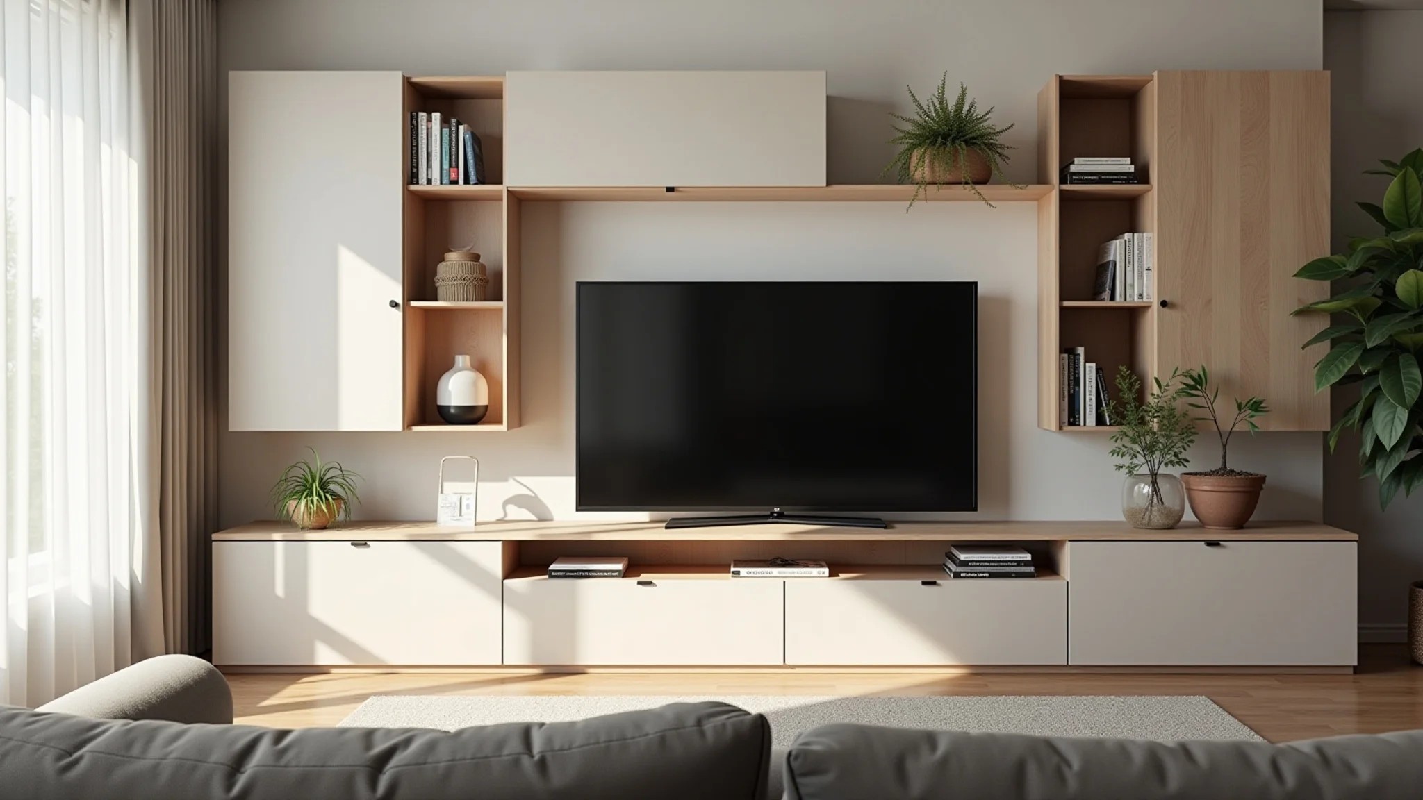 Sala de estar com painel de TV moderno, sofá aconchegante e decoração brasileira.