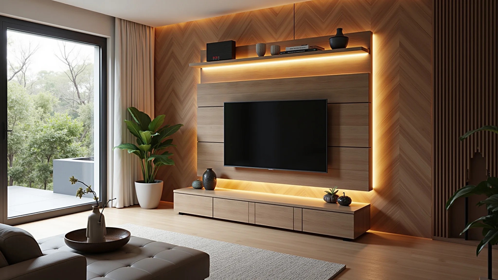 Sala de estar iluminada com painel de TV moderno e iluminação LED integrada.