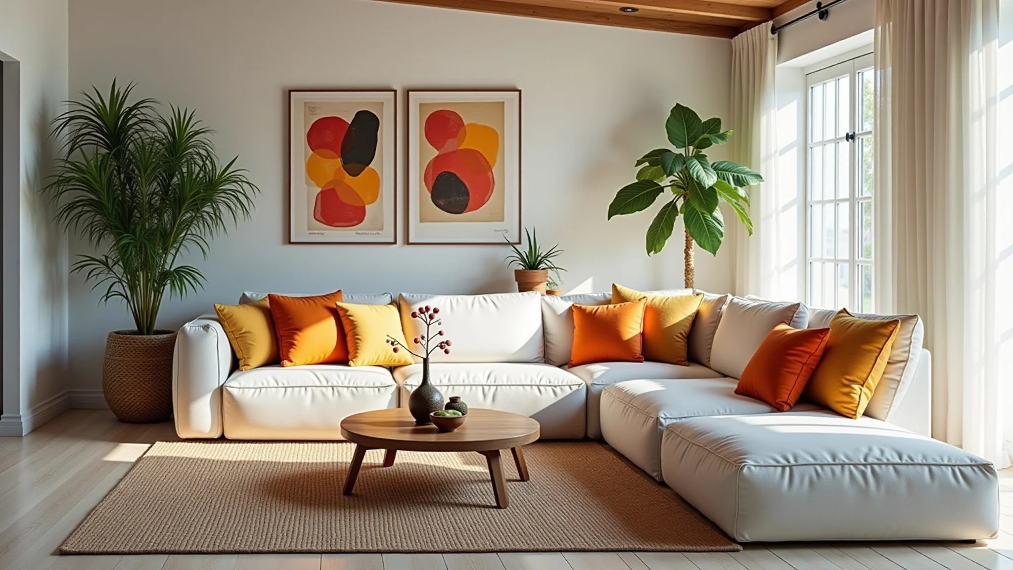 Sala de estar iluminada com sofá modular e almofadas coloridas, design brasileiro.