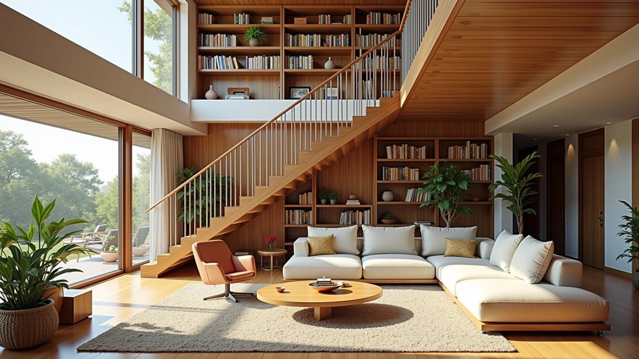 Sala de estar iluminada com escada integrada a estantes de livros, design brasileiro e plantas.