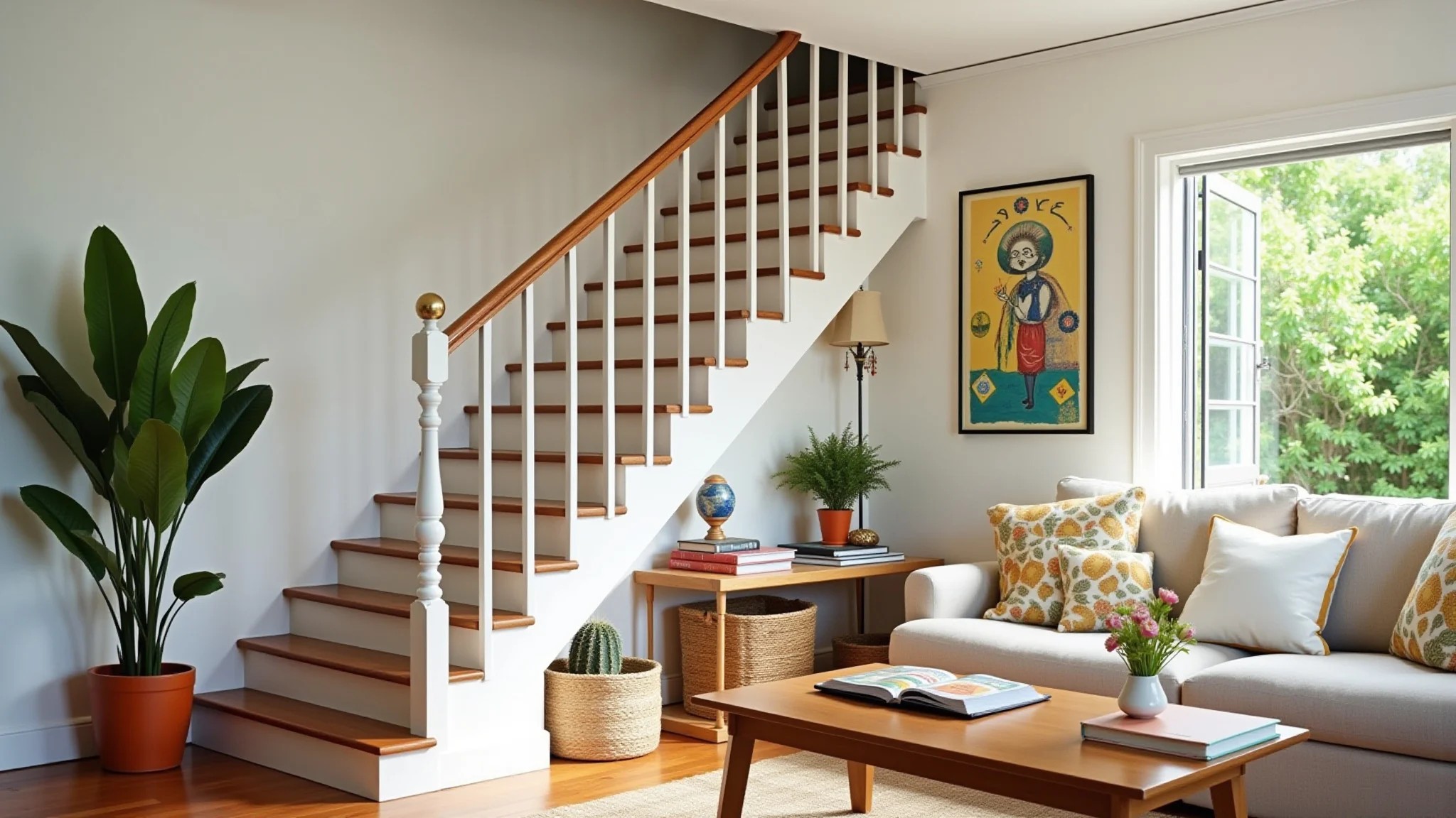 Sala de estar vibrante com escada, decoração brasileira colorida e cantinho de leitura aconchegante.