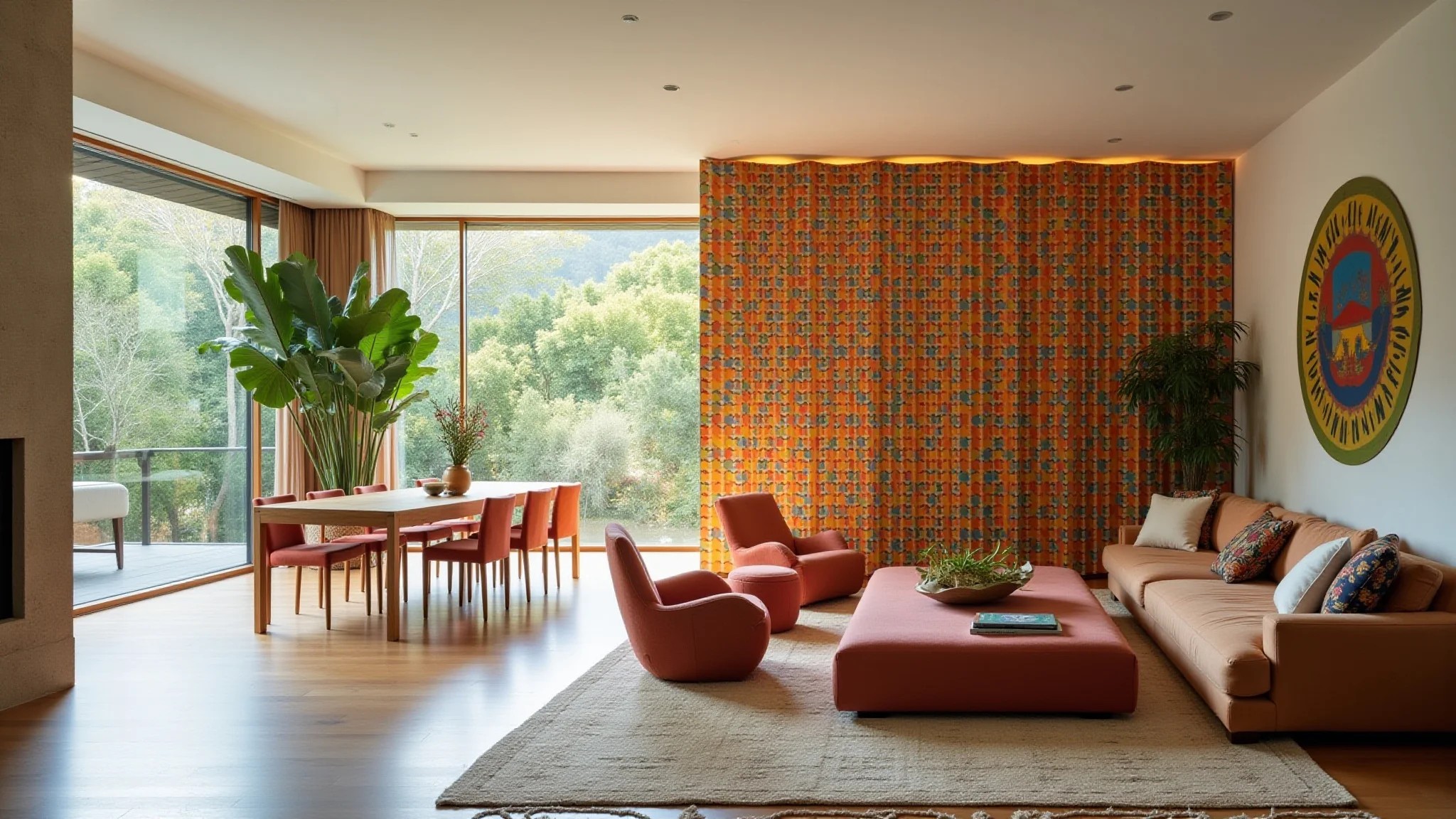 Sala de estar com biombo colorido dividindo o ambiente, design brasileiro e iluminação natural.